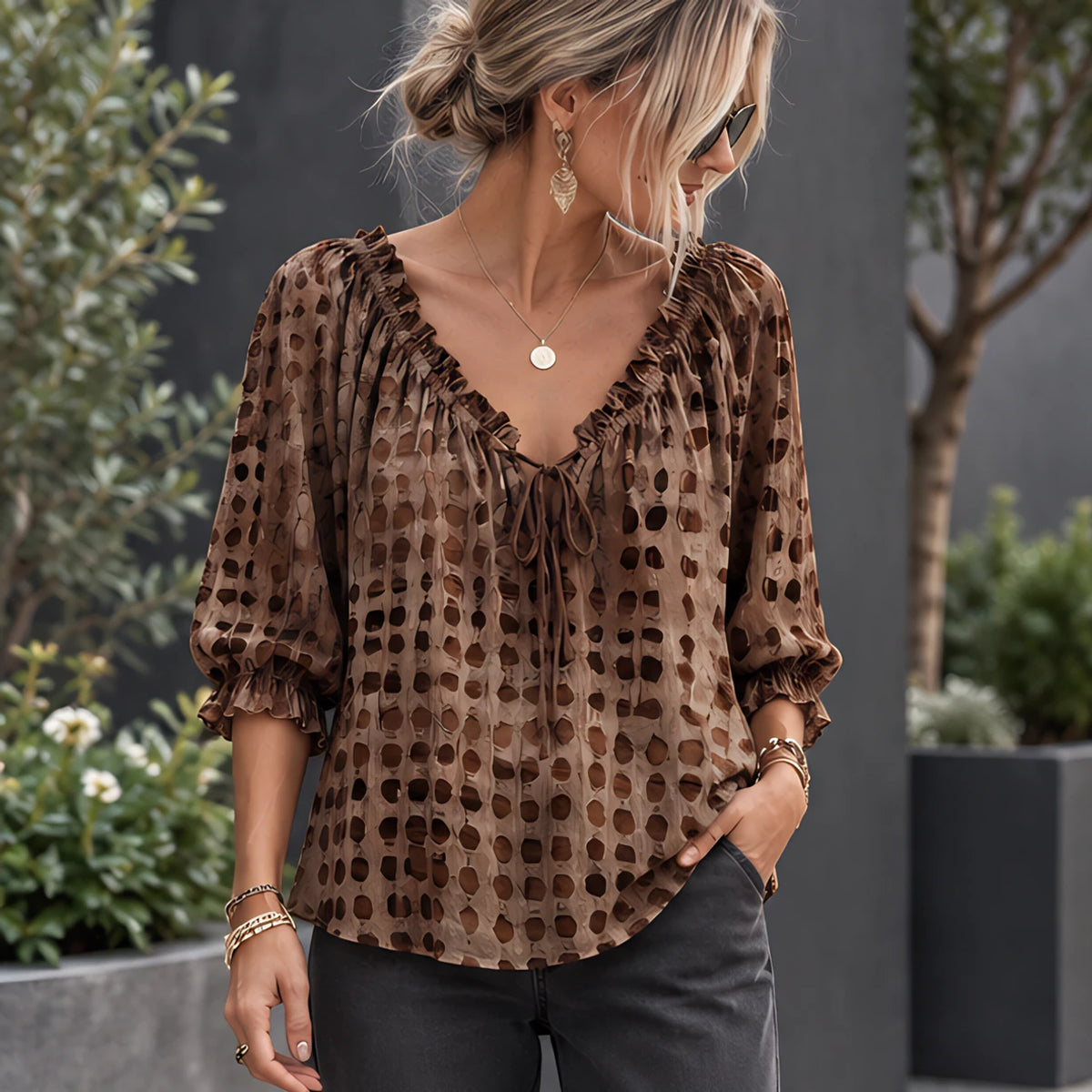 Eliana Women's Soft-Touch Tie-Neck Blouse - Brown - Women's Clothing > Tops > Blouses - Hendlys - Image 1