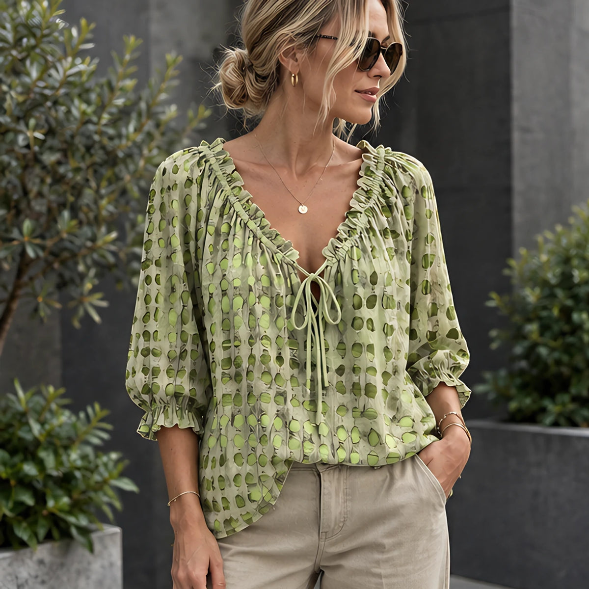 Eliana Women's Soft-Touch Tie-Neck Blouse - Green - Women's Clothing > Tops > Blouses - Hendlys - Image 1