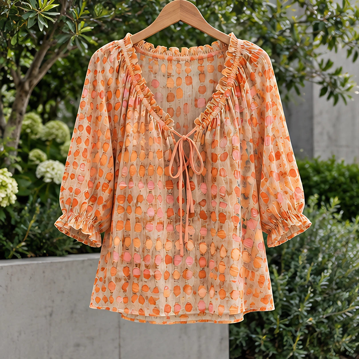 Eliana Women's Soft-Touch Tie-Neck Blouse - Orange - VBLOUSES - Hendlys - Image 3