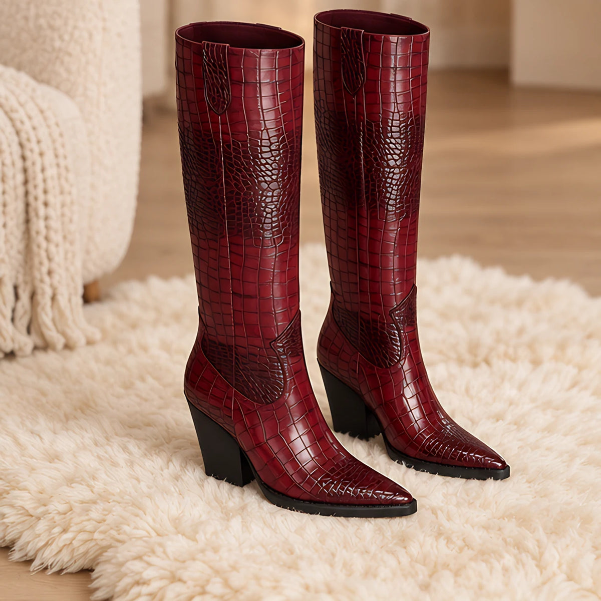 Elodie Women's Pointed-Toe Knee-High Boots - Wine Red - boots for women - Hendlys - Image 3
