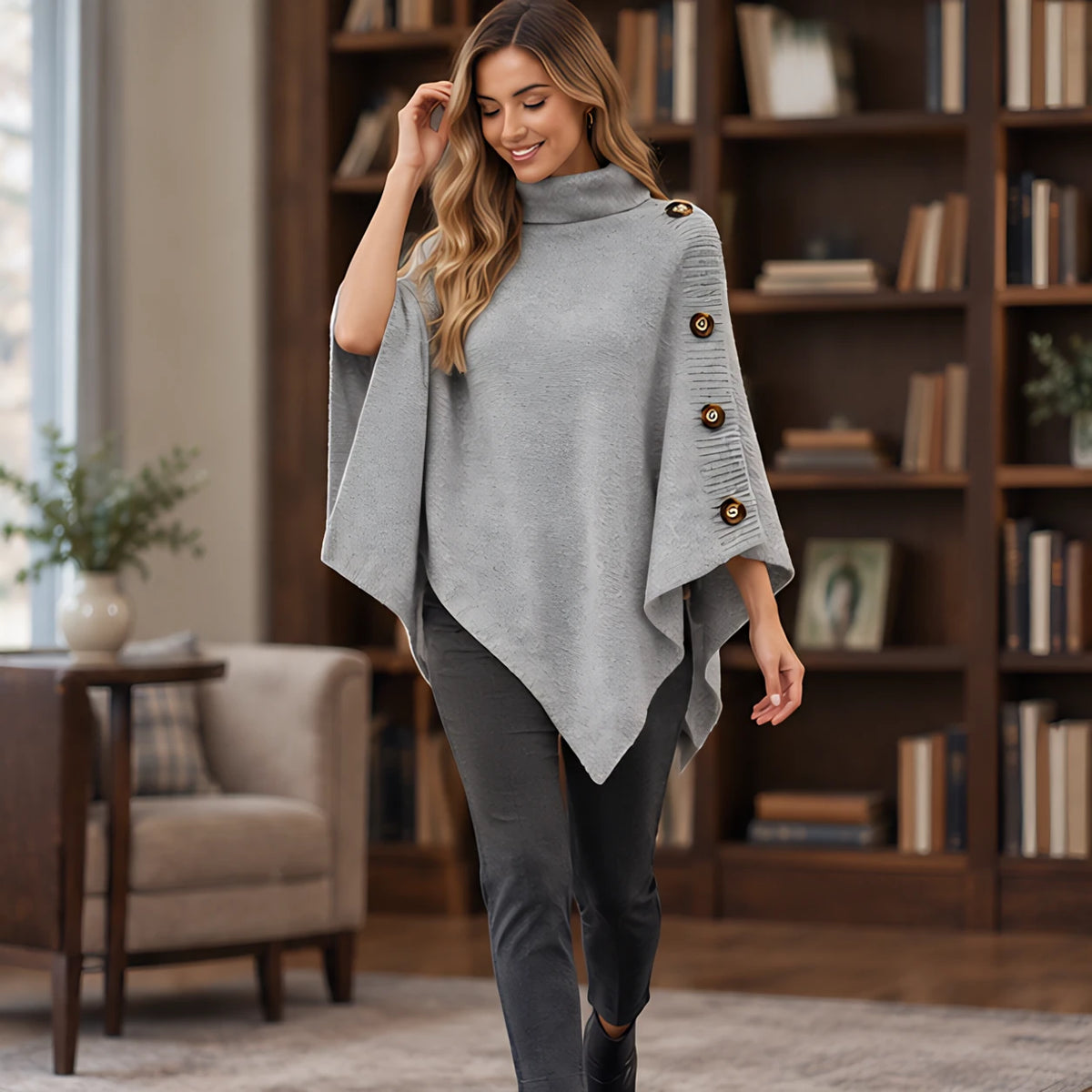 Elowyn Women's Turtleneck Cape Sweater - Gray - Women's Clothing > Sweaters & Cardigans > Cape Sweaters - Hendlys - Image 2