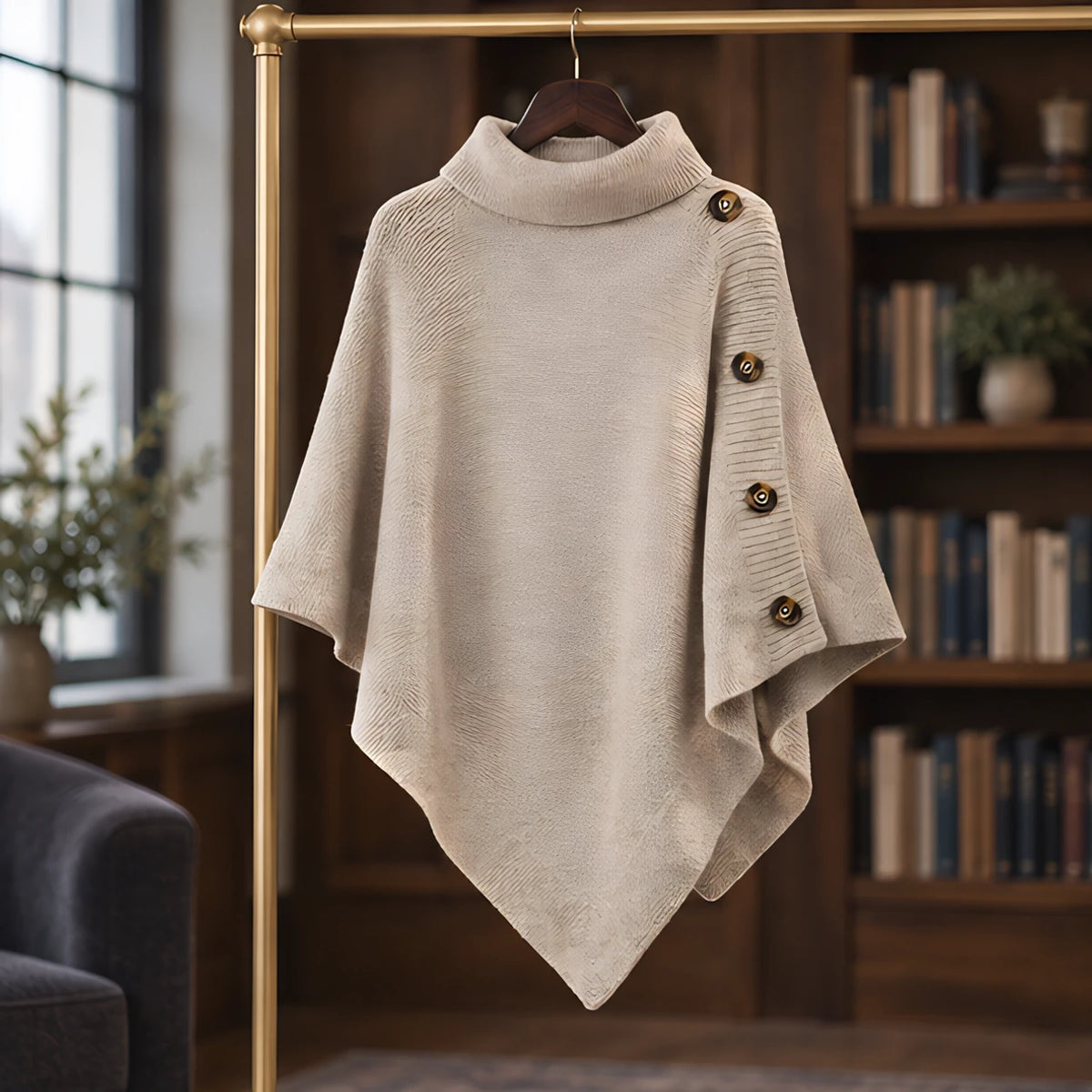 Elowyn Women's Turtleneck Cape Sweater - Beige - female - Hendlys - Image 3