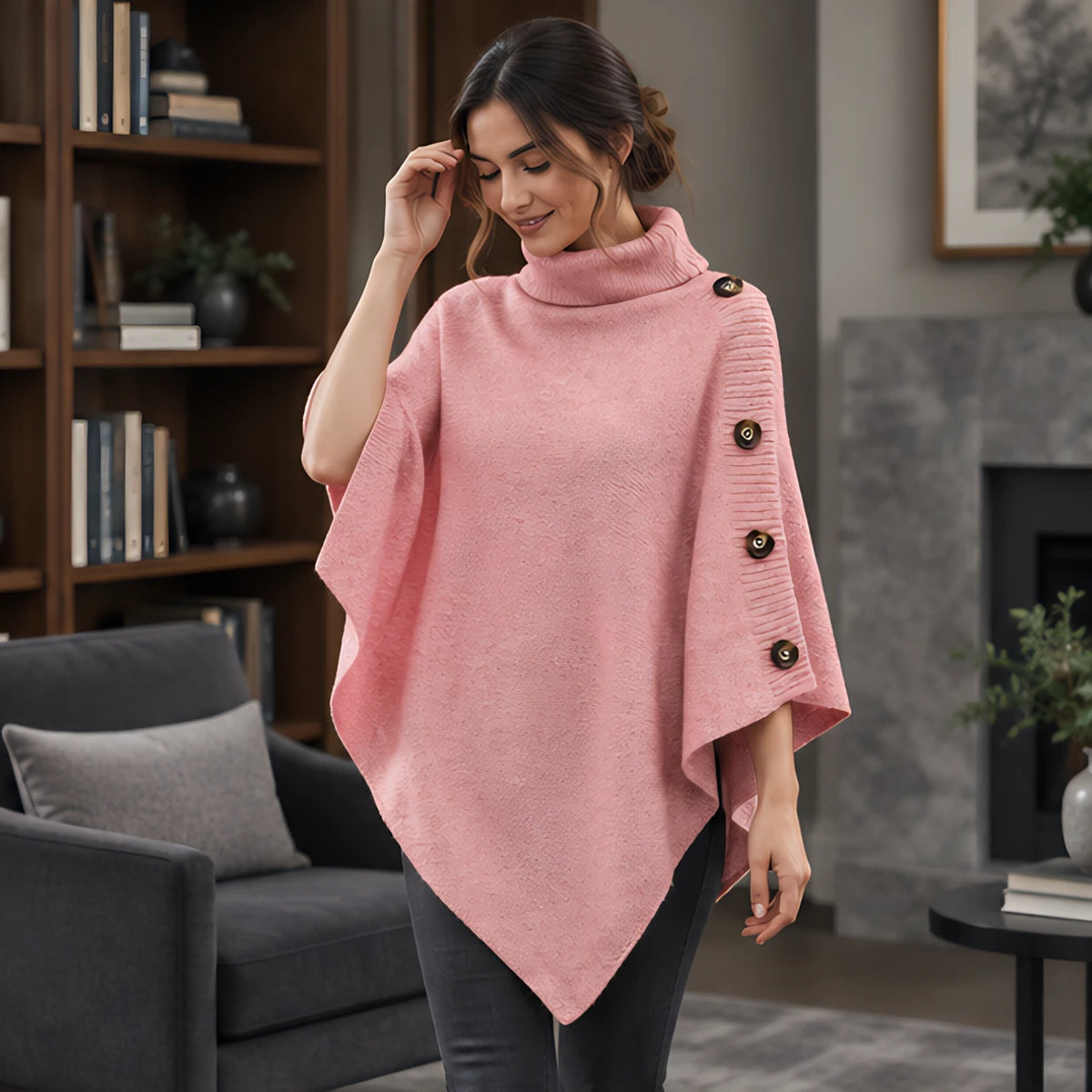 Elowyn Women's Turtleneck Cape Sweater - Pink - Women's Clothing > Sweaters & Cardigans > Cape Sweaters - Hendlys - Image 2