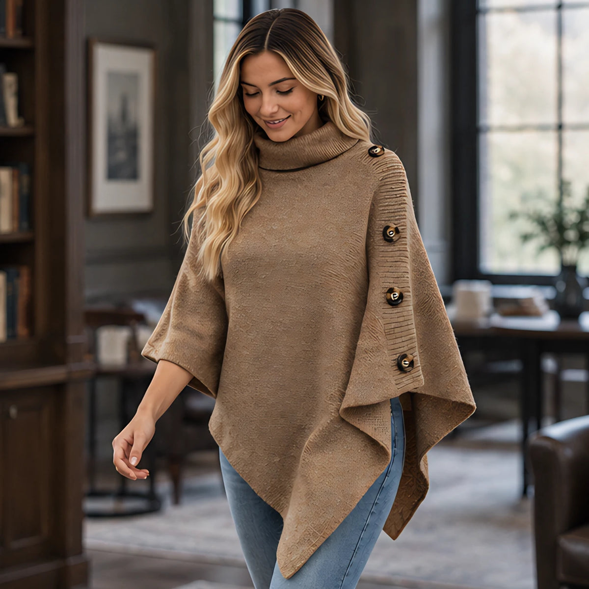 Elowyn Women's Turtleneck Cape Sweater - Khaki - Women's Clothing > Sweaters & Cardigans > Cape Sweaters - Hendlys - Image 2