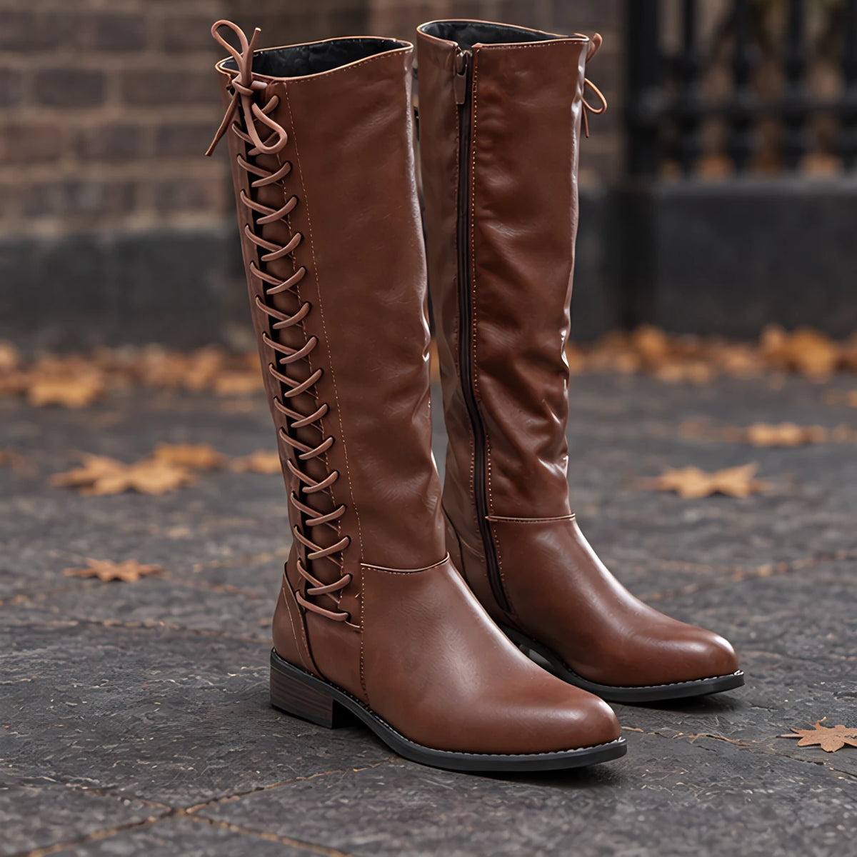 Eugenia Women's Lace-Up Knee-High Riding Boots - Cognac - female - Hendlys - Image 3