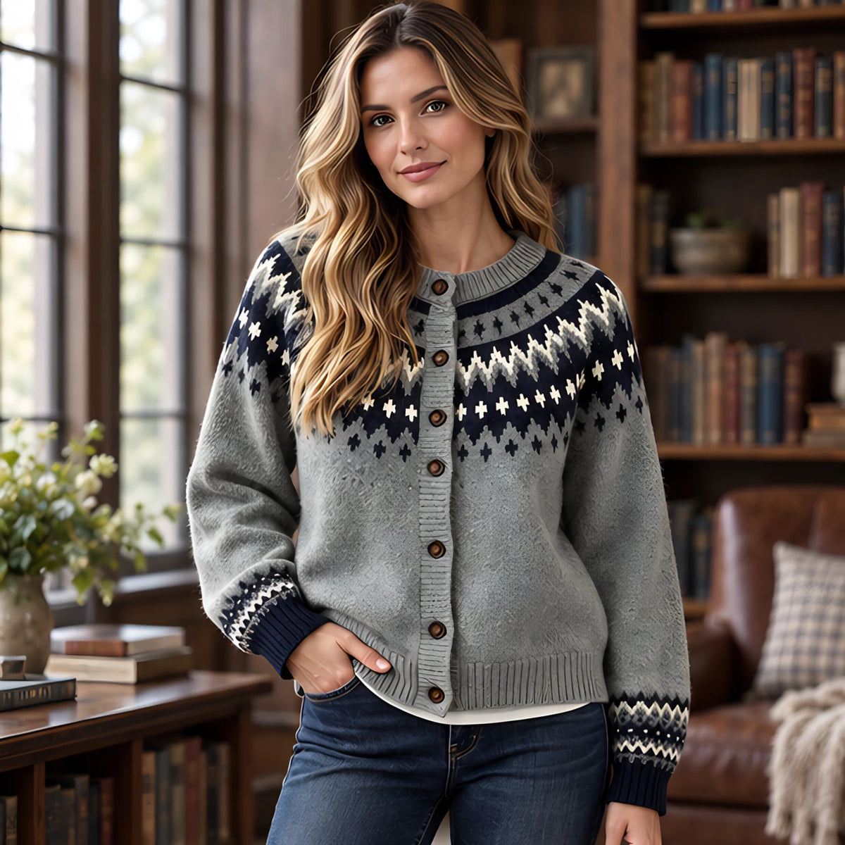 Evelia Women's Fair Isle Yoke Cardigan - Navy - Women's Clothing > Sweaters & Cardigans > Cardigans - Hendlys - Image 1