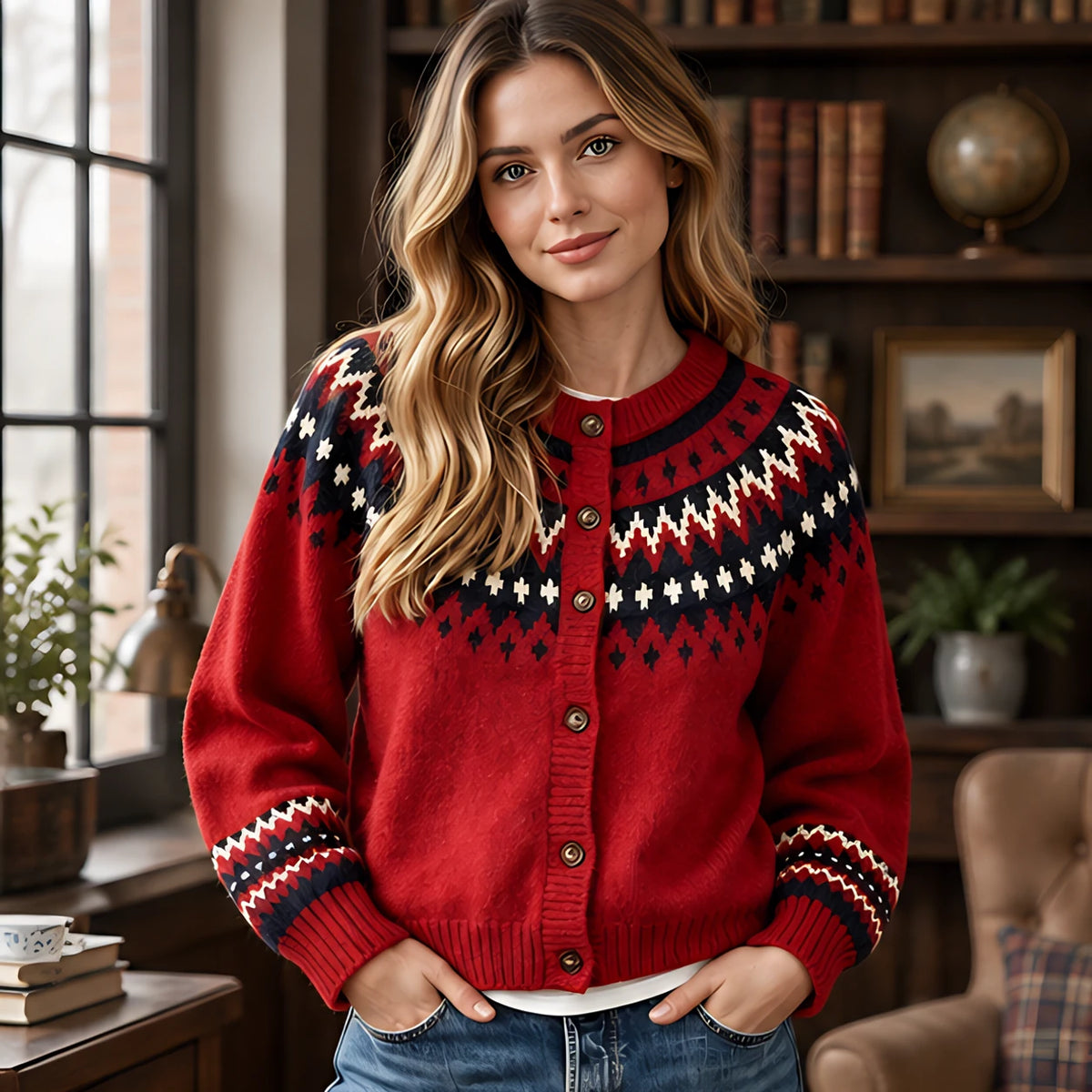 Evelia Women's Fair Isle Yoke Cardigan - Wine - Women's Clothing > Sweaters & Cardigans > Cardigans - Hendlys - Image 1