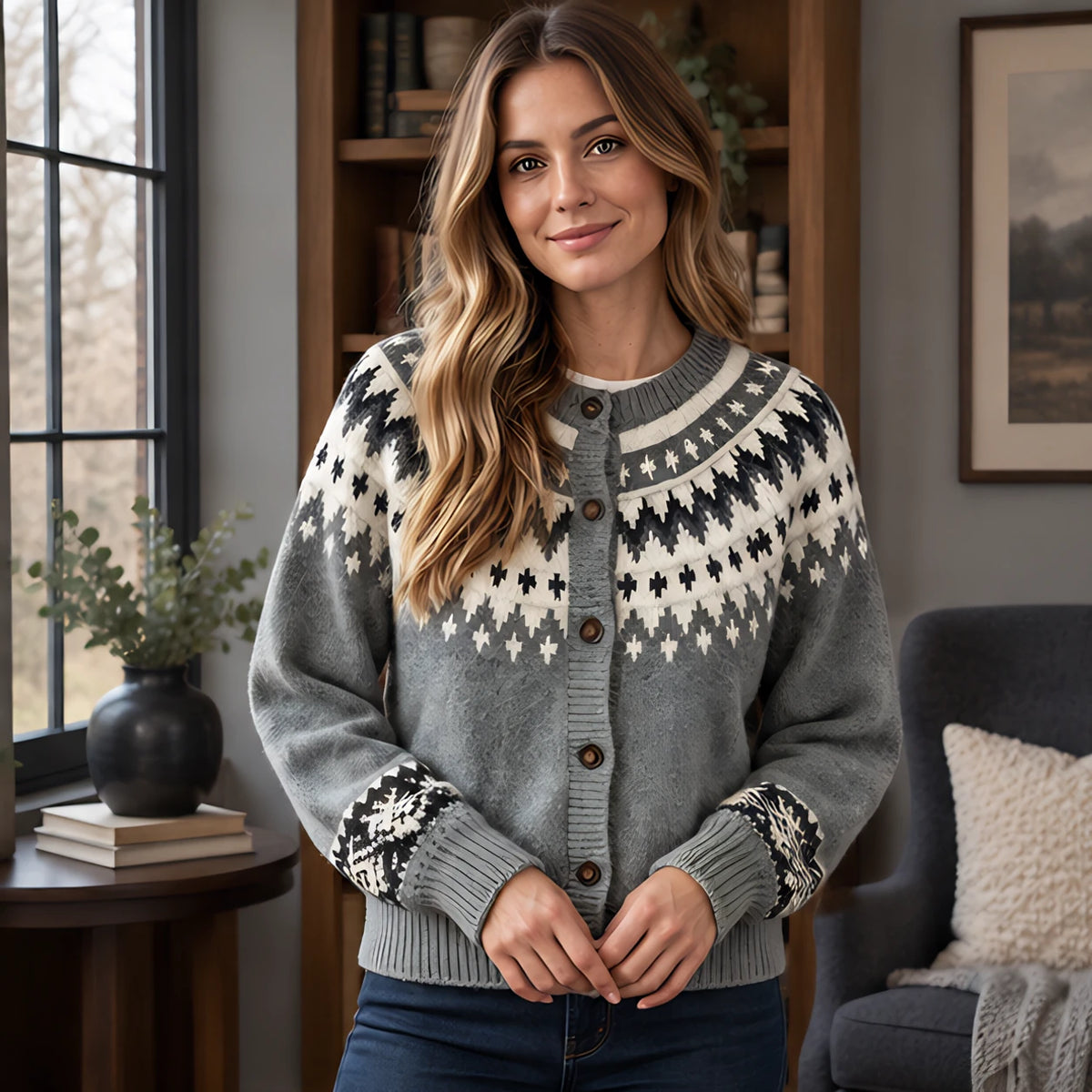 Evelia Women's Fair Isle Yoke Cardigan - Grey - Women's Clothing > Sweaters & Cardigans > Cardigans - Hendlys - Image 1