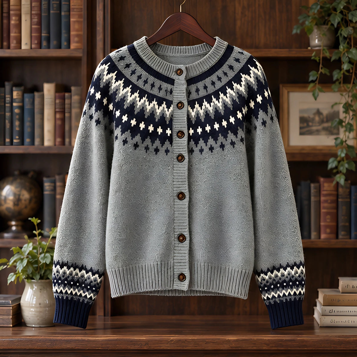 Evelia Women's Fair Isle Yoke Cardigan - Navy - ai-processed - Hendlys - Image 3
