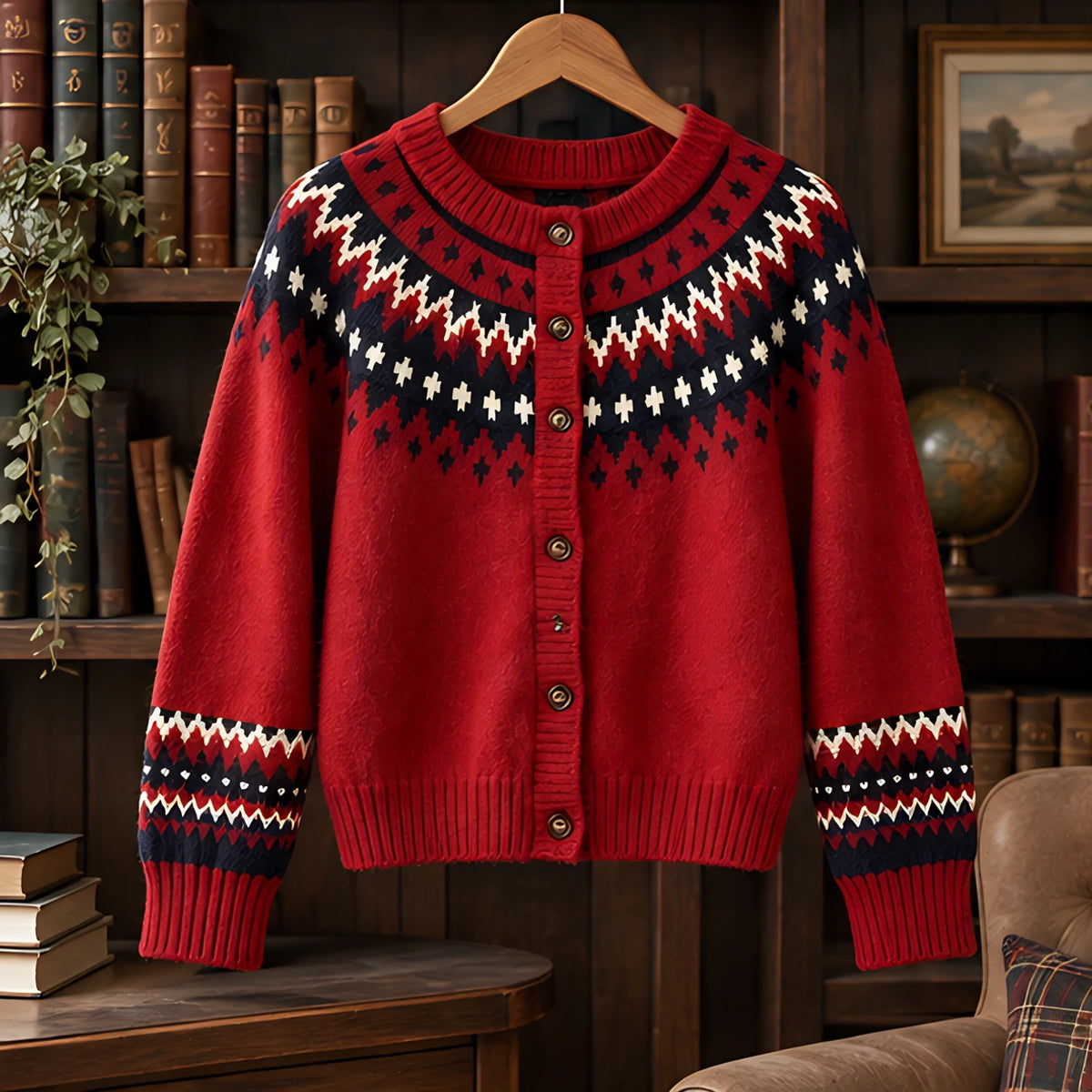 Evelia Women's Fair Isle Yoke Cardigan - Wine - ai-processed - Hendlys - Image 3