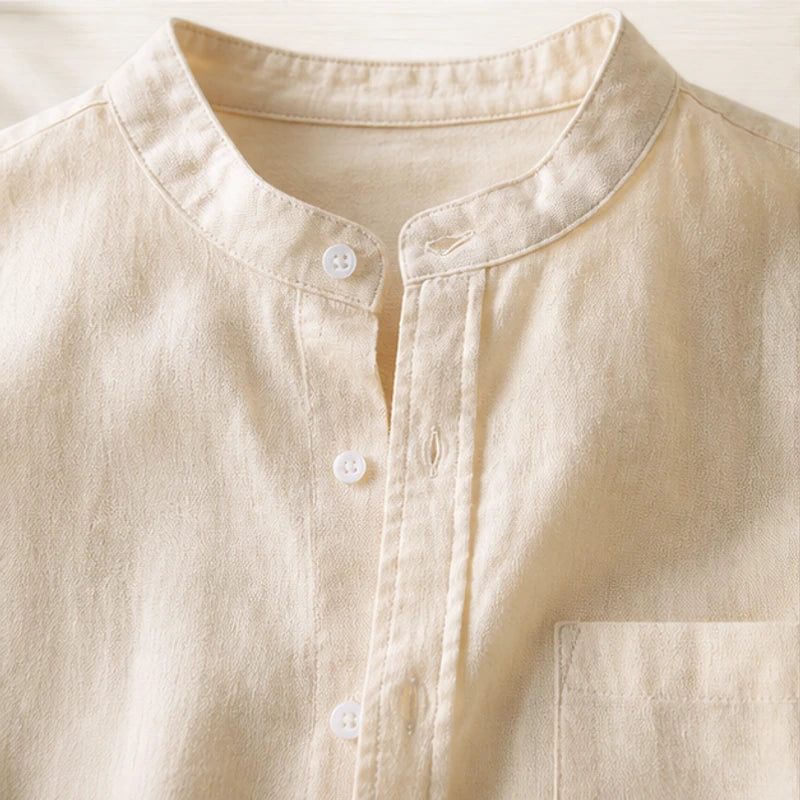Amalfi Linen Mandarin Collar Shirt - Apricot - linen shirt - Hendlys - Image 3