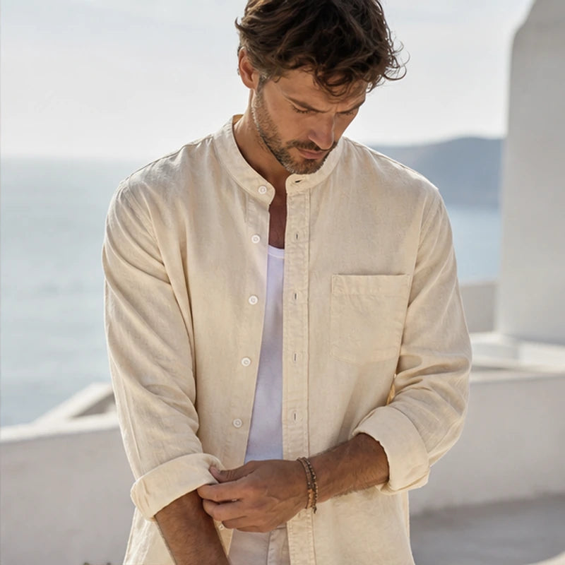 Amalfi Linen Mandarin Collar Shirt - Apricot - lightweight - Hendlys - Image 6