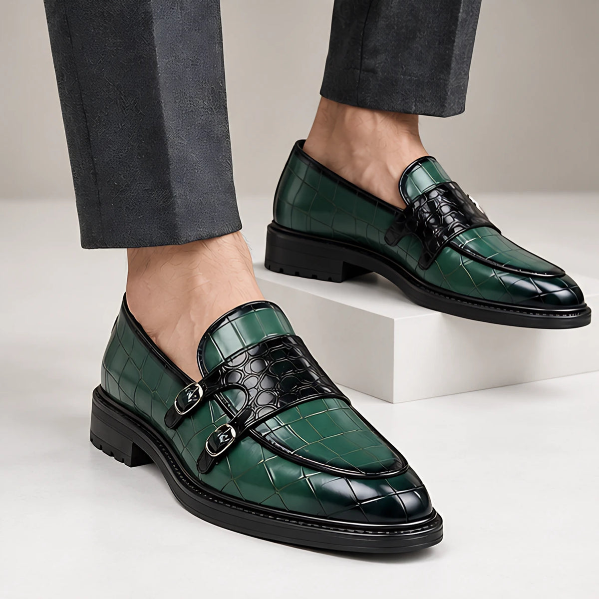Ferrano Men's Croc-Embossed Double Monk Loafers - Pine Green - Men's Footwear > Dress Shoes > Double Monk Strap Loafers - Hendlys - Image 3