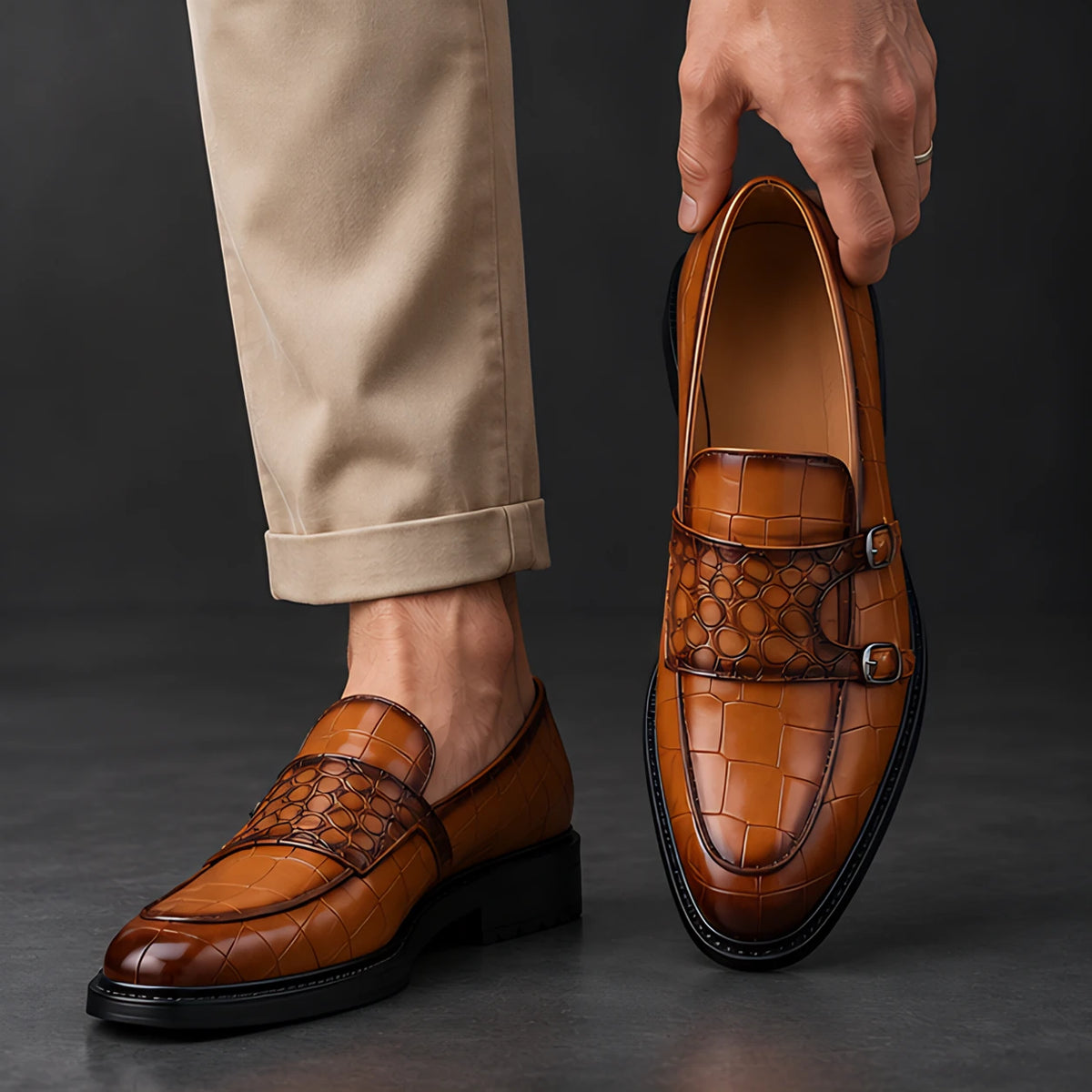 Ferrano Men's Croc-Embossed Double Monk Loafers - Cognac Brown - Shoes - Hendlys - Image 2