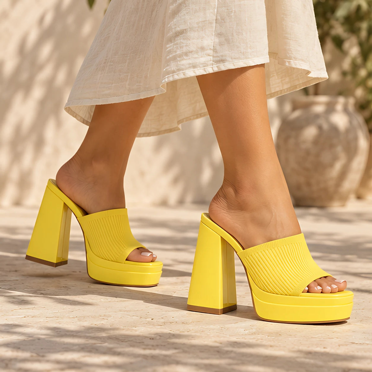 Freya Women's Stretch-Knit Platform Sandals - Yellow - mule heel - Hendlys - Image 4
