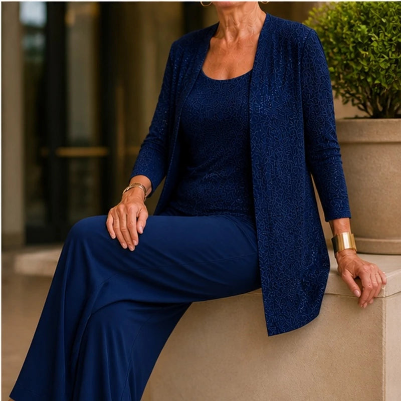 Galienne Sequined Wide-Leg Pant Set - Navy Blue - Women's Clothing > Matching Sets > Three-Piece Pant Sets - Hendlys - Image 1