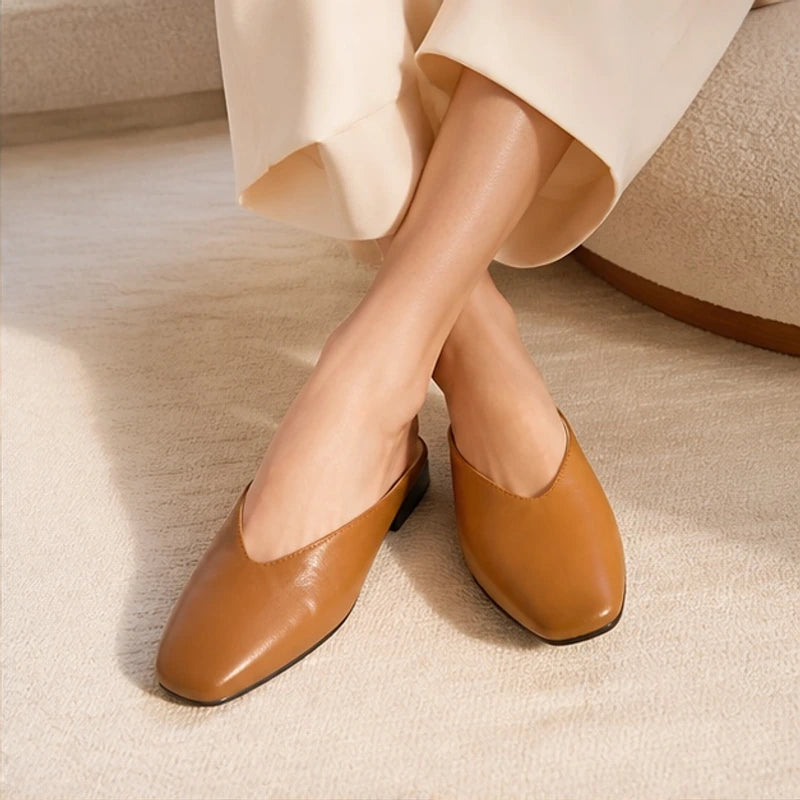 Ginevra Low-Cut Leather Mule Flats - Brown - Footwear > Flats > Mule Flats - Hendlys - Image 1