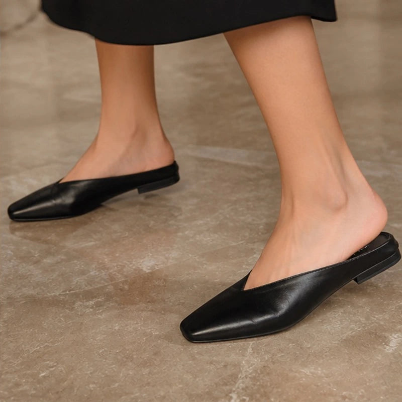 Ginevra Low-Cut Leather Mule Flats - Black - Footwear > Flats > Mule Flats - Hendlys - Image 1