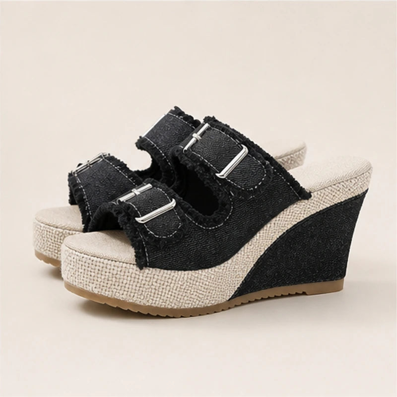 Grazia Denim Wedge Slide Sandals - Black - women's sandals - Hendlys - Image 2