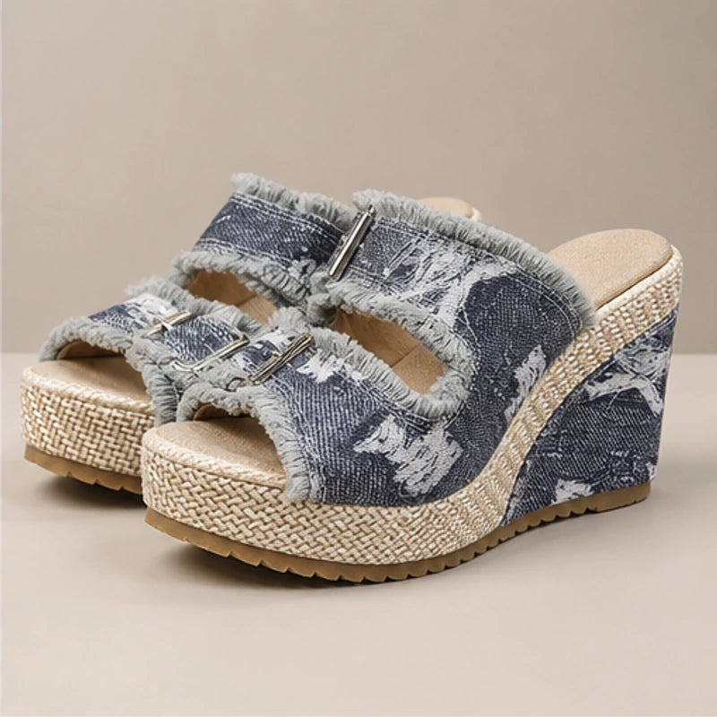 Grazia Denim Wedge Slide Sandals - Gray - denim sandals - Hendlys - Image 4