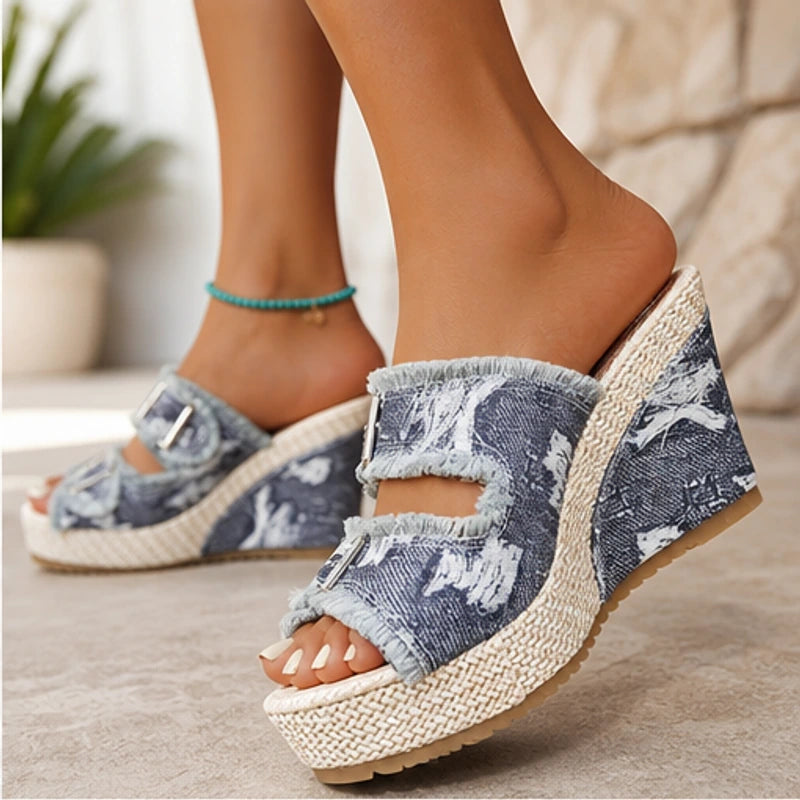Grazia Denim Wedge Slide Sandals - Gray - Sandals - Hendlys - Image 1