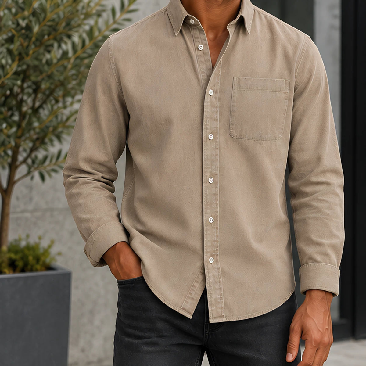 Greystone Men's Long Sleeve Cotton Chambray Shirt - Brown - Men's Clothing > Shirts > Chambray Shirts - Hendlys - Image 1