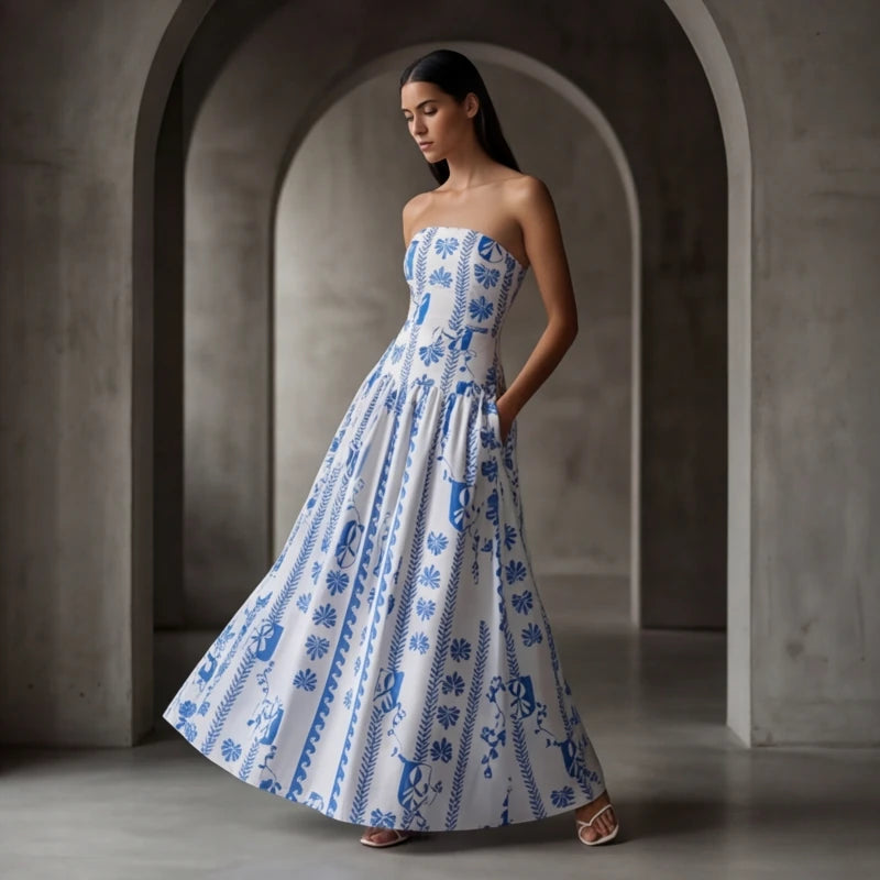 Grazania Strapless Dress - Blue Floral - women's dress - Hendlys - Image 1