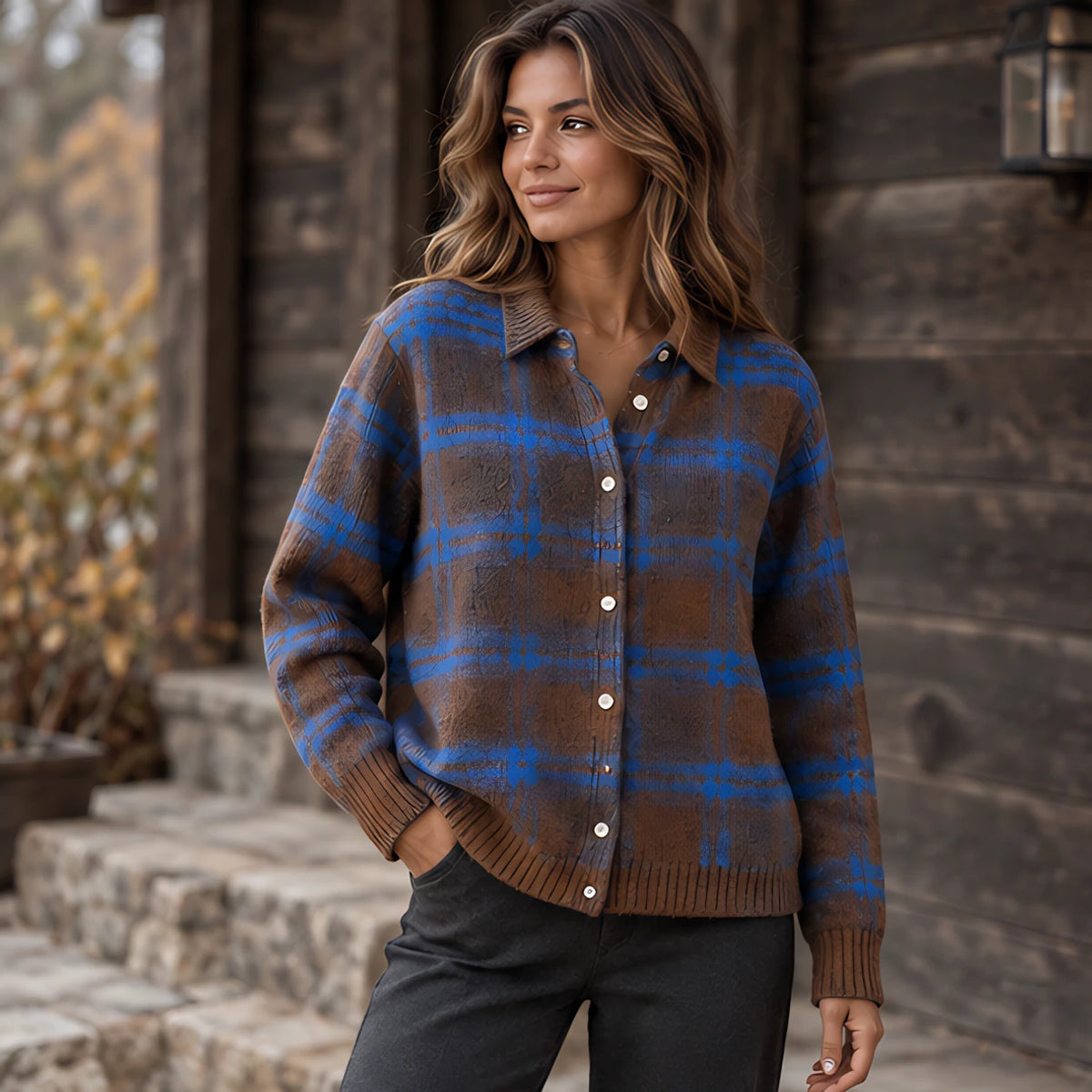 Josette Women's Plaid Knit Cardigan - Coffee Brown - Clothing > Cardigan > Casual > Knit > Plaid - Hendlys - Image 1