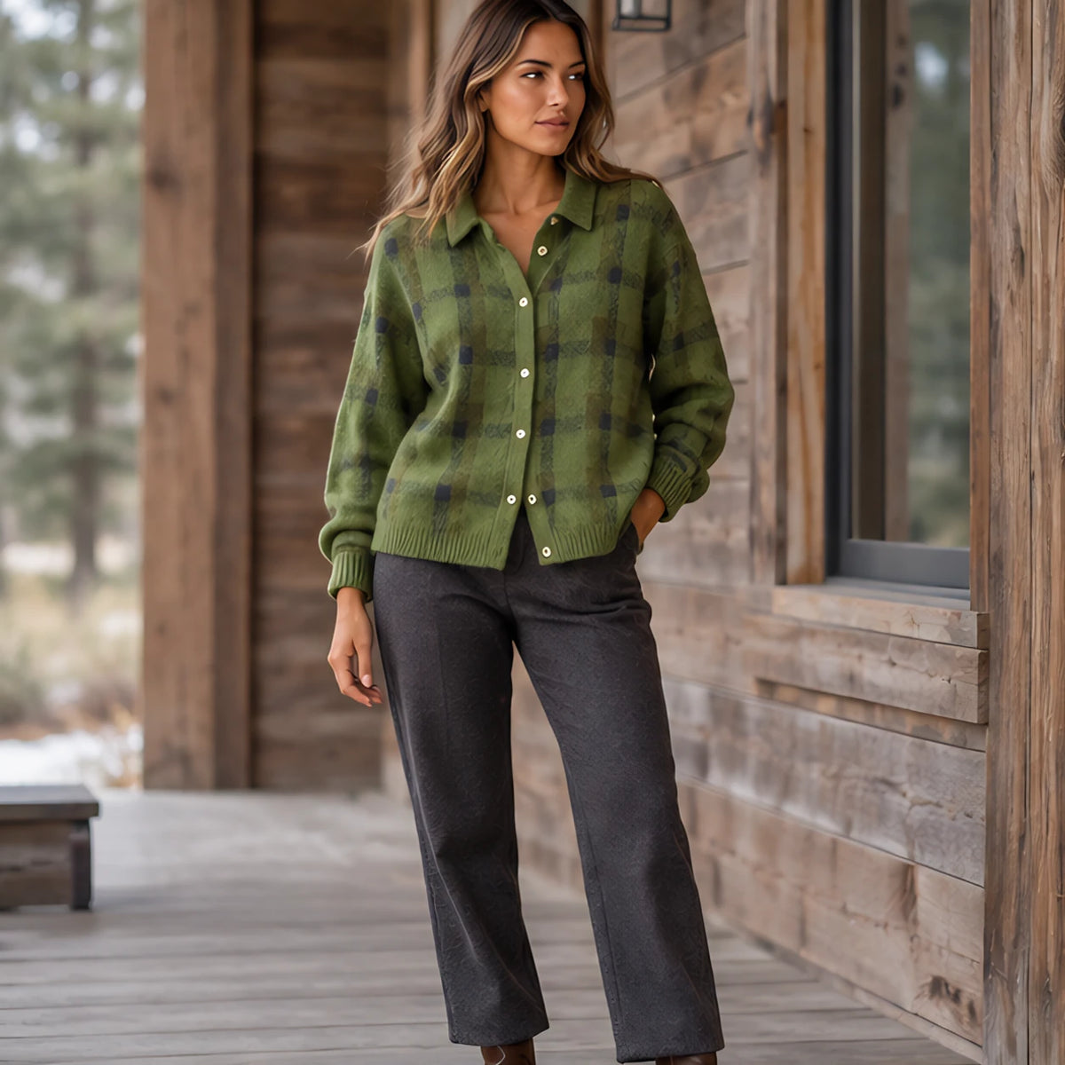 Josette Women's Plaid Knit Cardigan - Olive Green - Clothing > Cardigan > Casual > Knit > Plaid - Hendlys - Image 1
