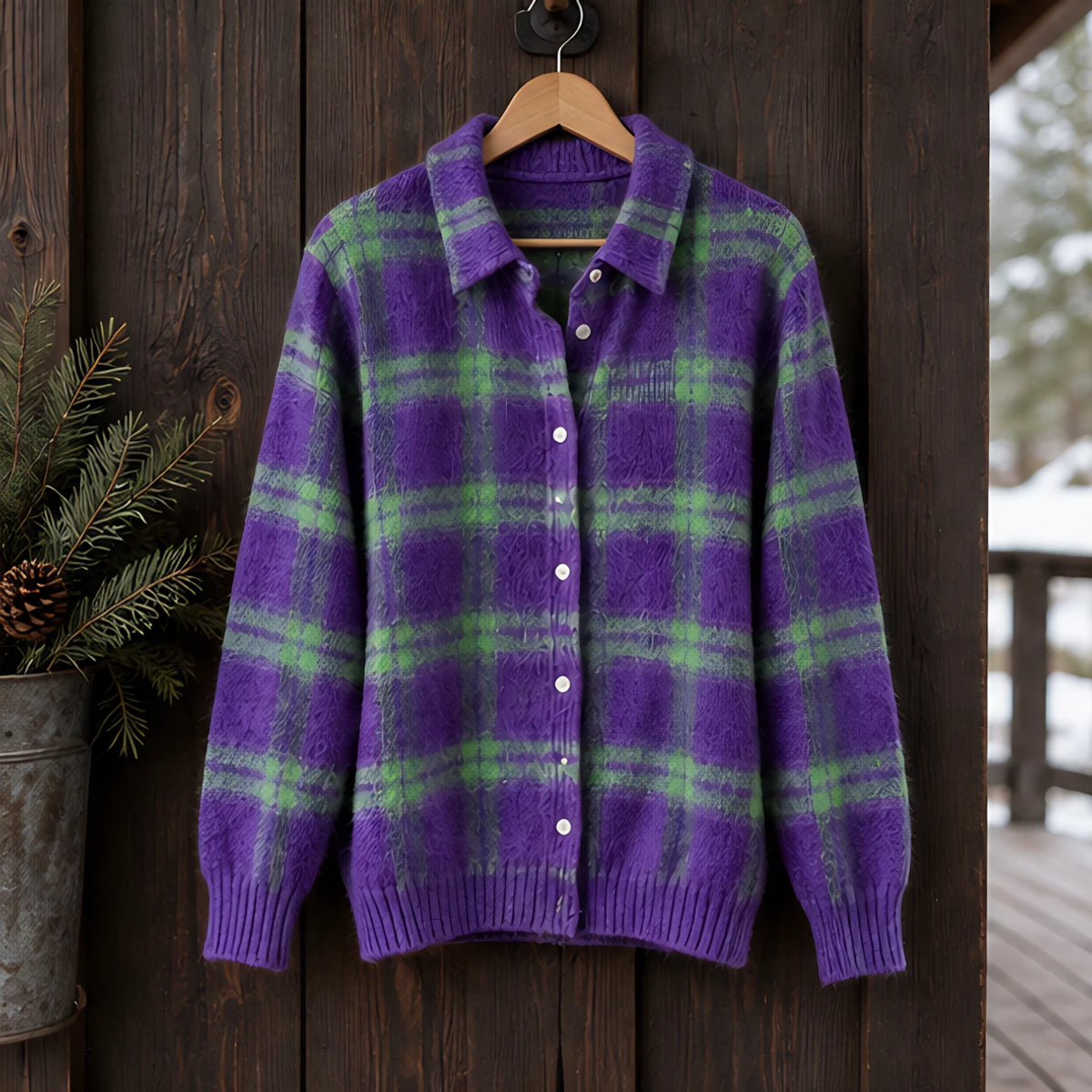 Josette Women's Plaid Knit Cardigan - Purple Green - CLO-TOP-KNIT - Hendlys - Image 3