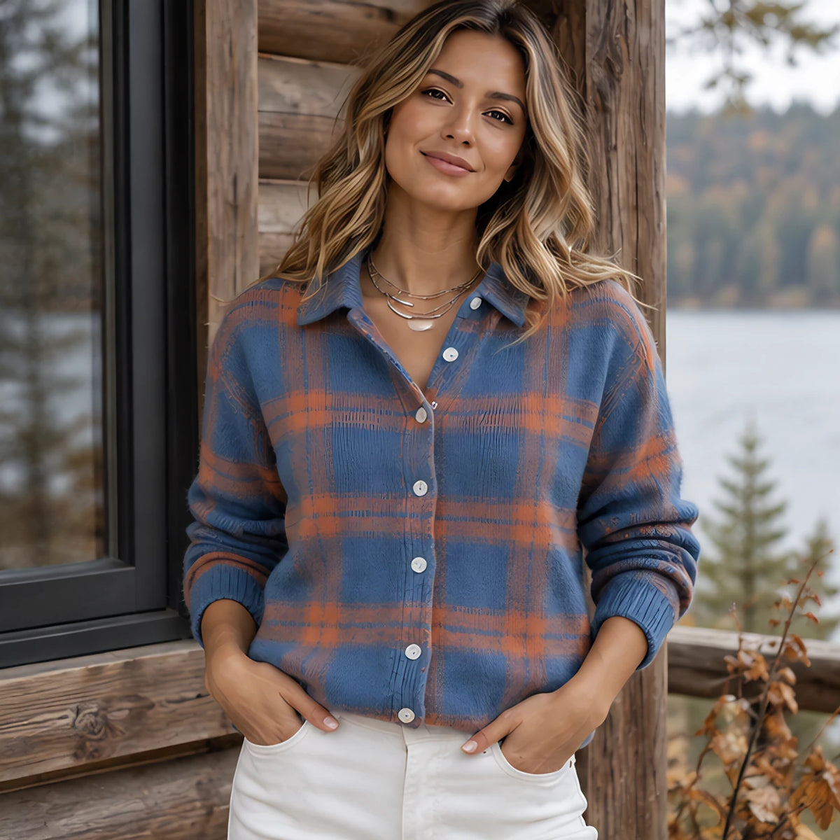 Josette Women's Plaid Knit Cardigan - Blue Orange Plaid - Clothing > Cardigan > Casual > Knit > Plaid - Hendlys - Image 1