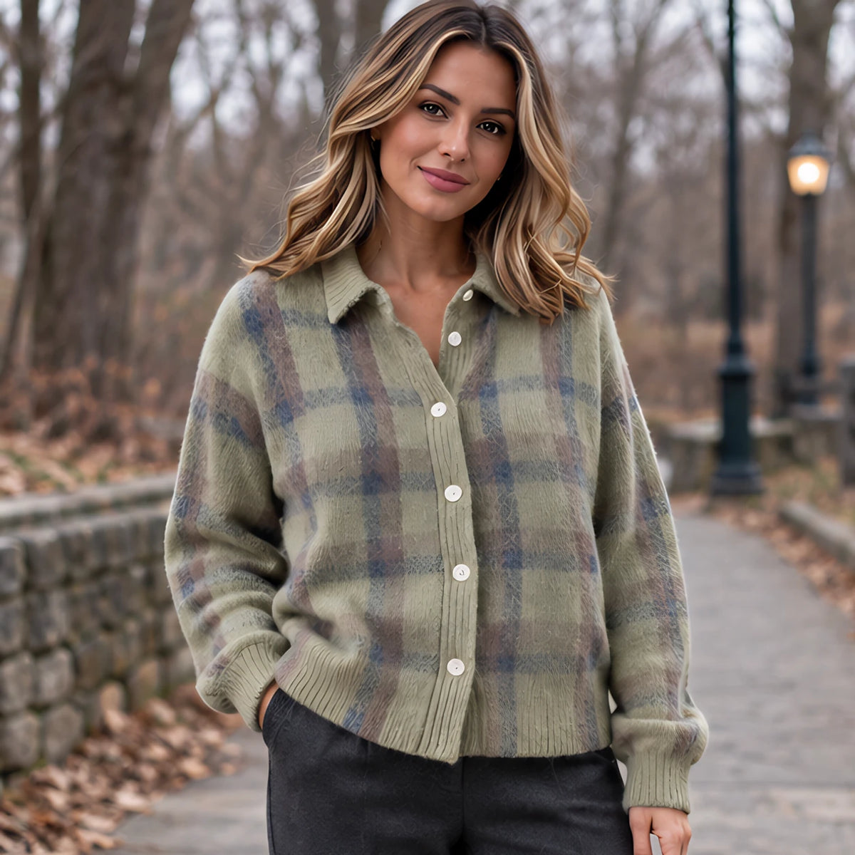 Josette Women's Plaid Knit Cardigan - Sage Multi - Clothing > Cardigan > Casual > Knit > Plaid - Hendlys - Image 1