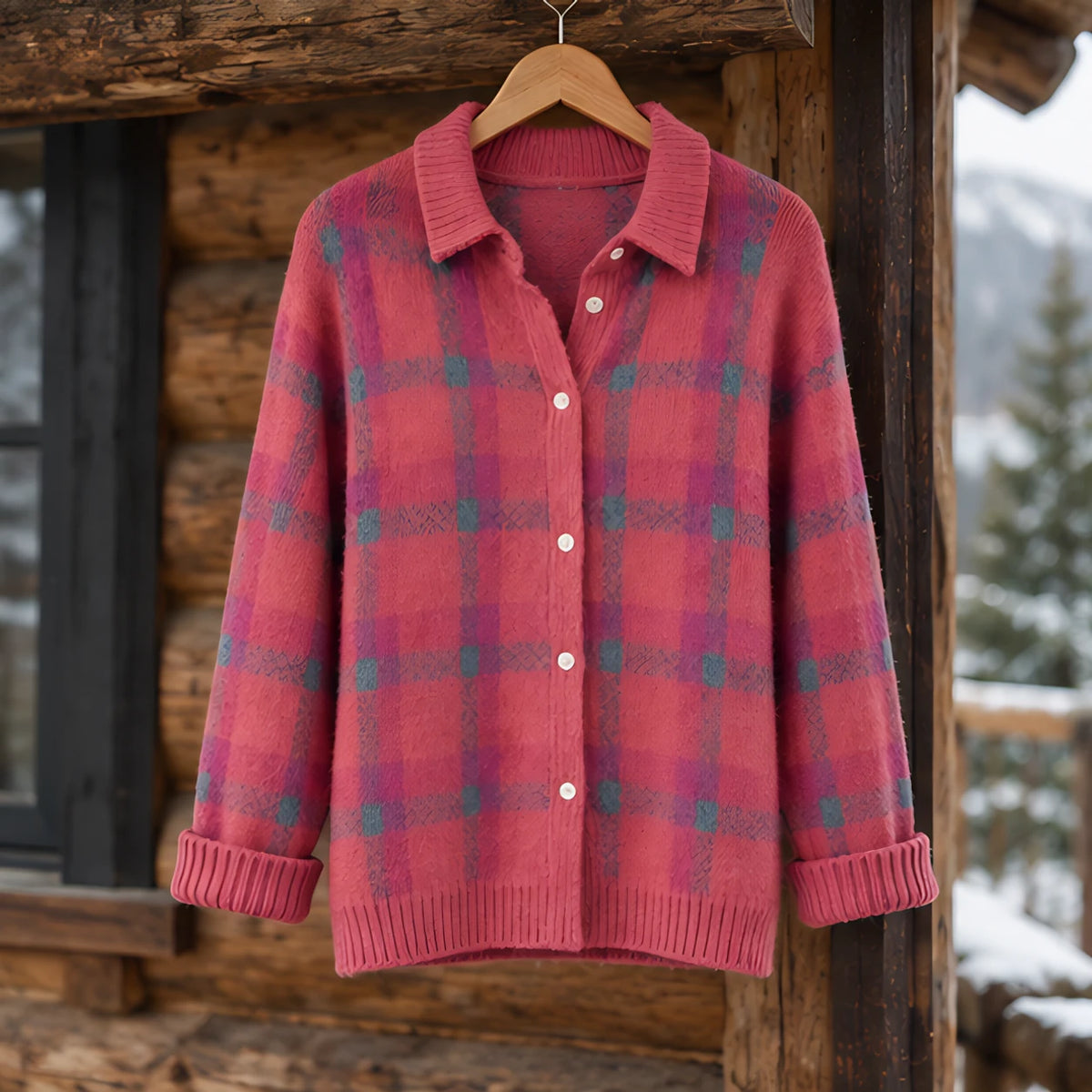 Josette Women's Plaid Knit Cardigan - Coral Pink - CLO-TOP-KNIT - Hendlys - Image 3