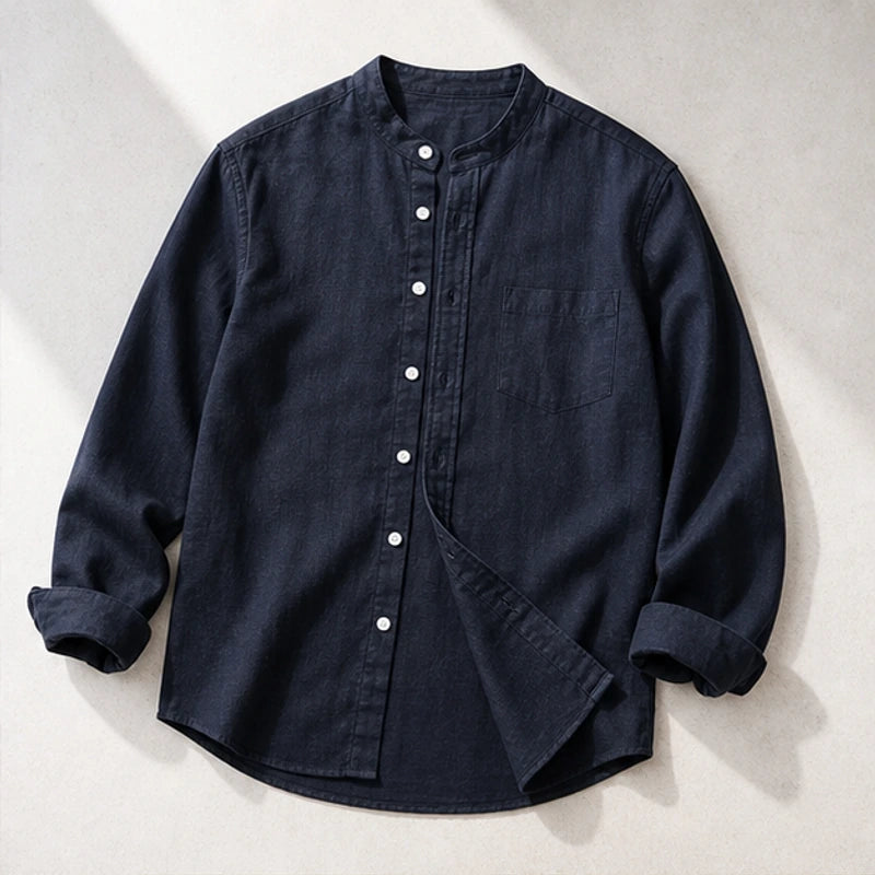 Amalfi Linen Mandarin Collar Shirt - Navy - men's shirts - Hendlys - Image 2