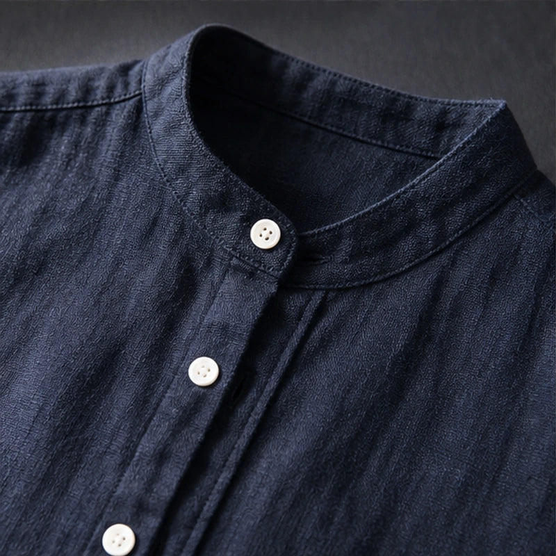 Amalfi Linen Mandarin Collar Shirt - Navy - linen shirt - Hendlys - Image 3