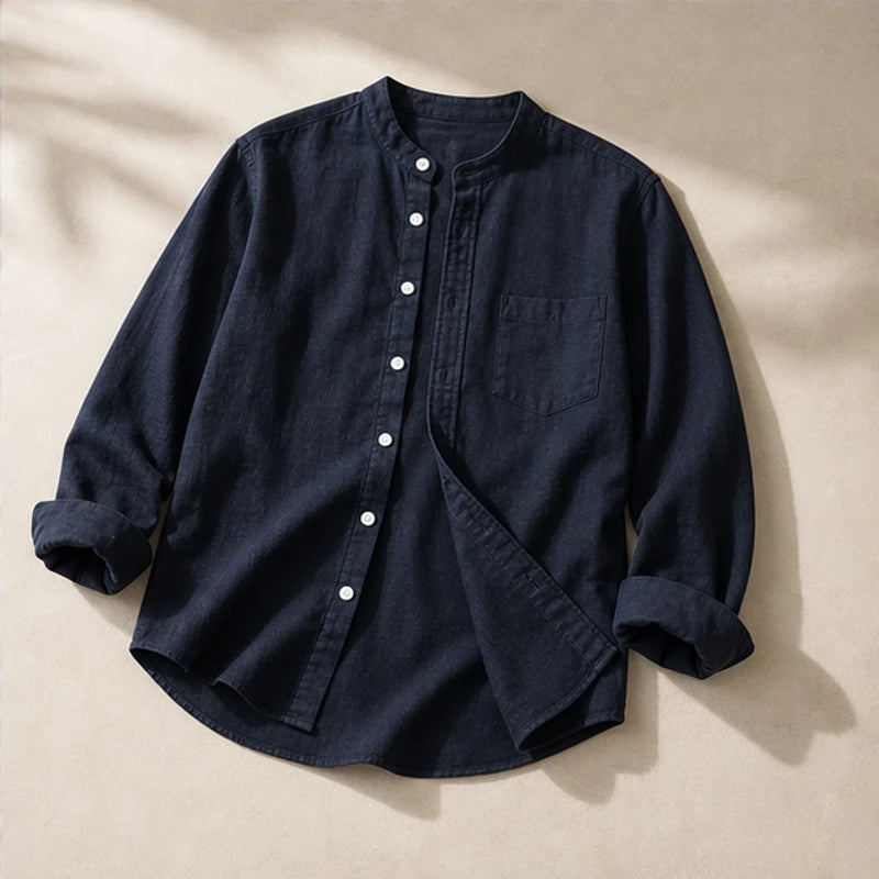 Amalfi Linen Mandarin Collar Shirt - Navy - mandarin collar - Hendlys - Image 4