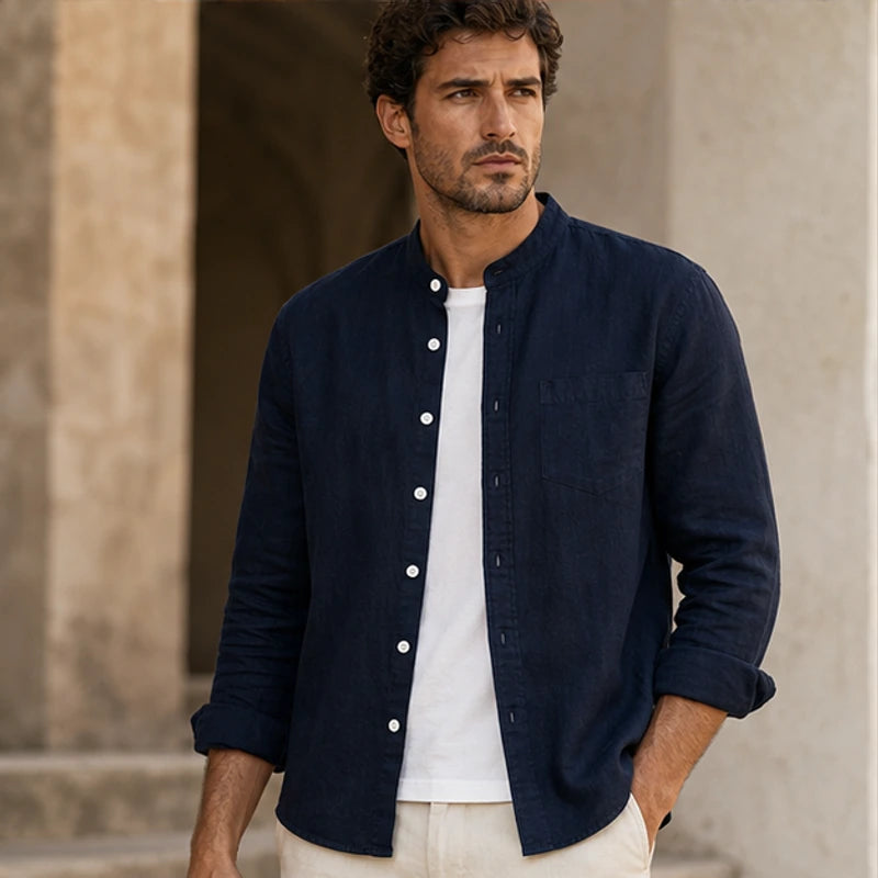 Amalfi Linen Mandarin Collar Shirt - Navy - spring shirt - Hendlys - Image 7