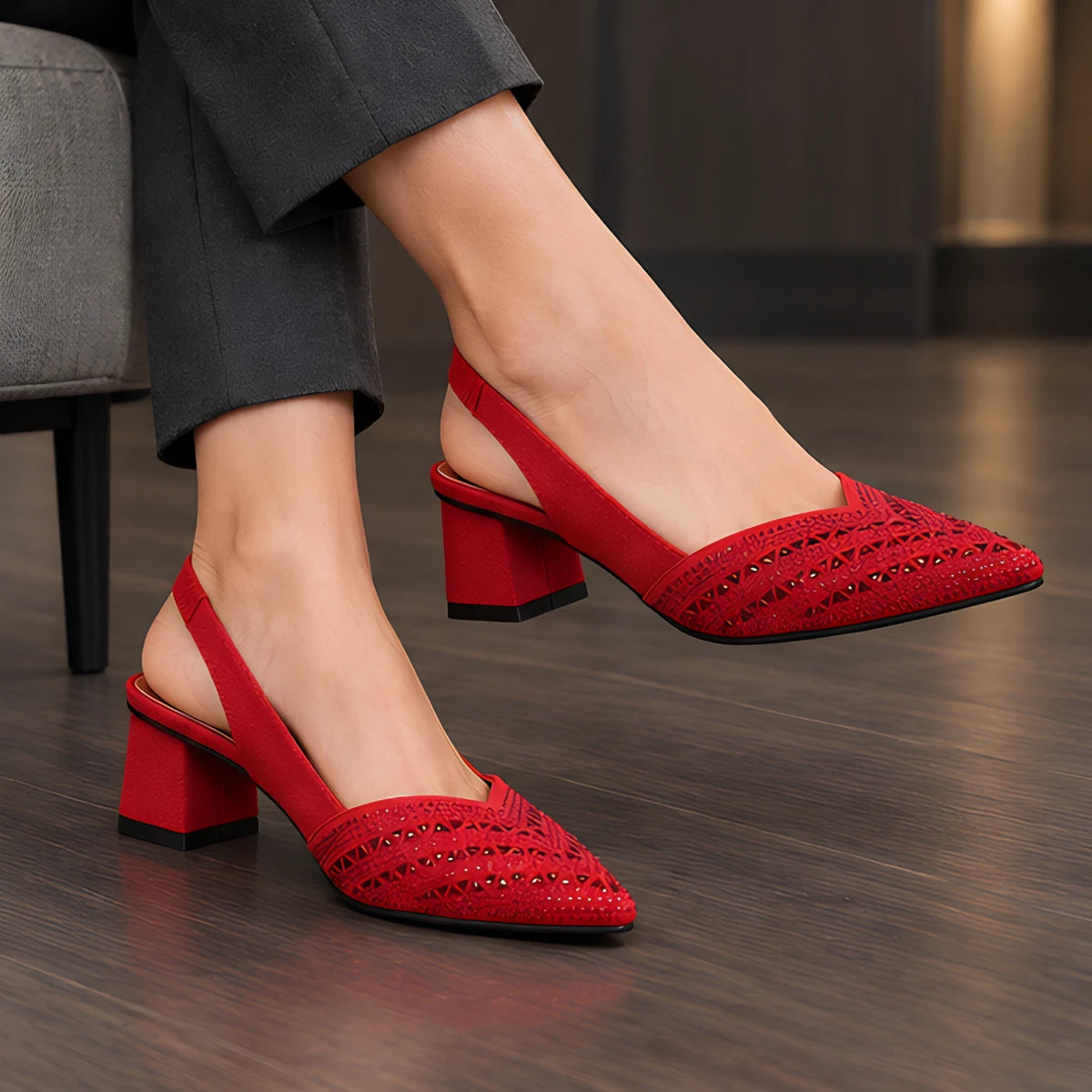 Laudine Women's Rhinestone Slingback Pumps - Red - Women's Footwear > Heels > Slingback Pumps - Hendlys - Image 2