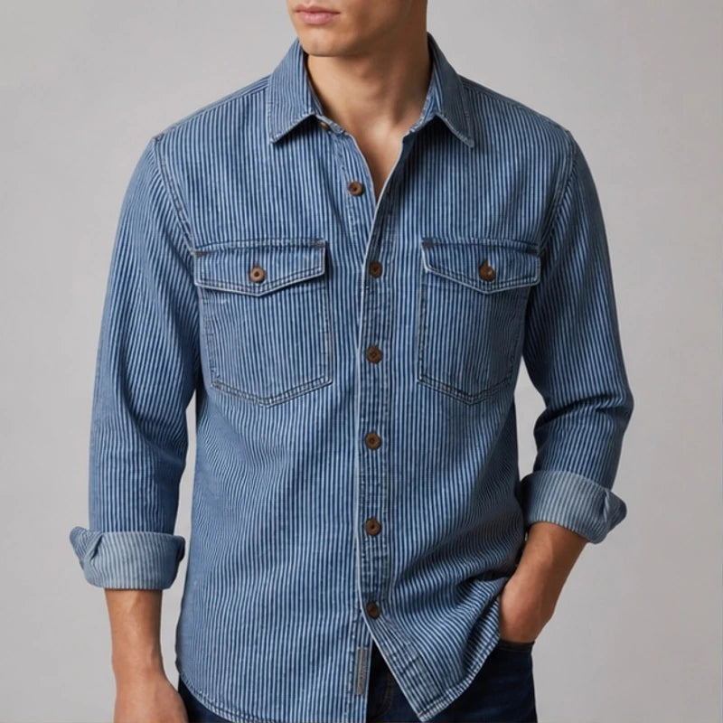 Lazaroa Striped Vintage Denim Shirt - Light Denim Blue - Shirt - Hendlys - Image 1