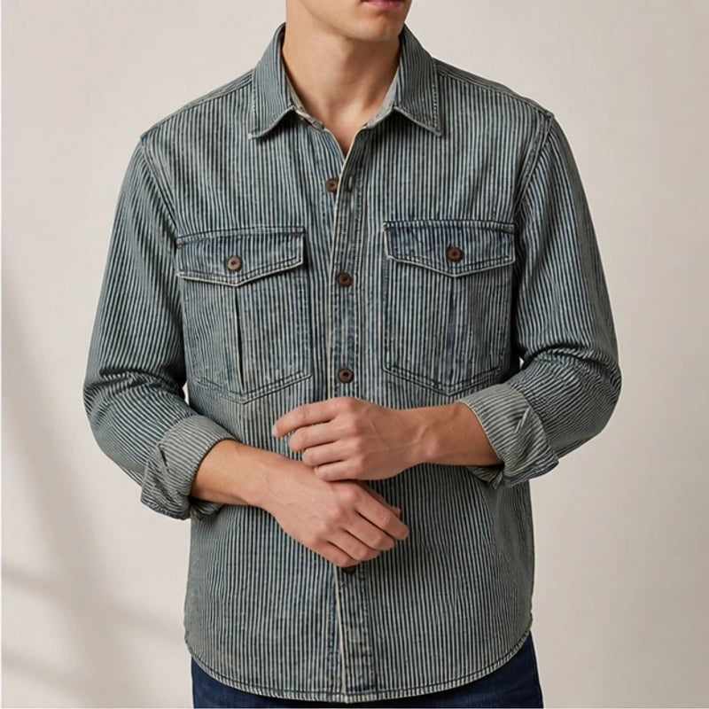 Lazaroa Striped Vintage Denim Shirt - Dusty Olive - Shirt - Hendlys - Image 1