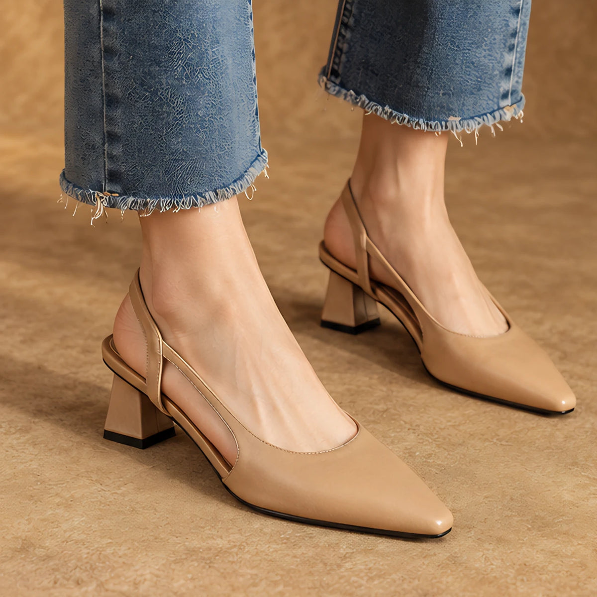 Leonette Women's Low Block-Heel Slingback Pumps - Beige - Women's Footwear > Heels > Slingback Pumps - Hendlys - Image 1