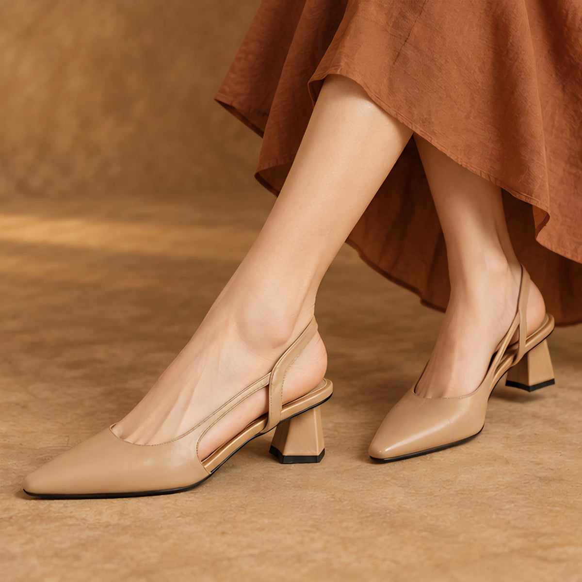 Leonette Women's Low Block-Heel Slingback Pumps - Beige - Women's Footwear > Heels > Slingback Pumps - Hendlys - Image 4