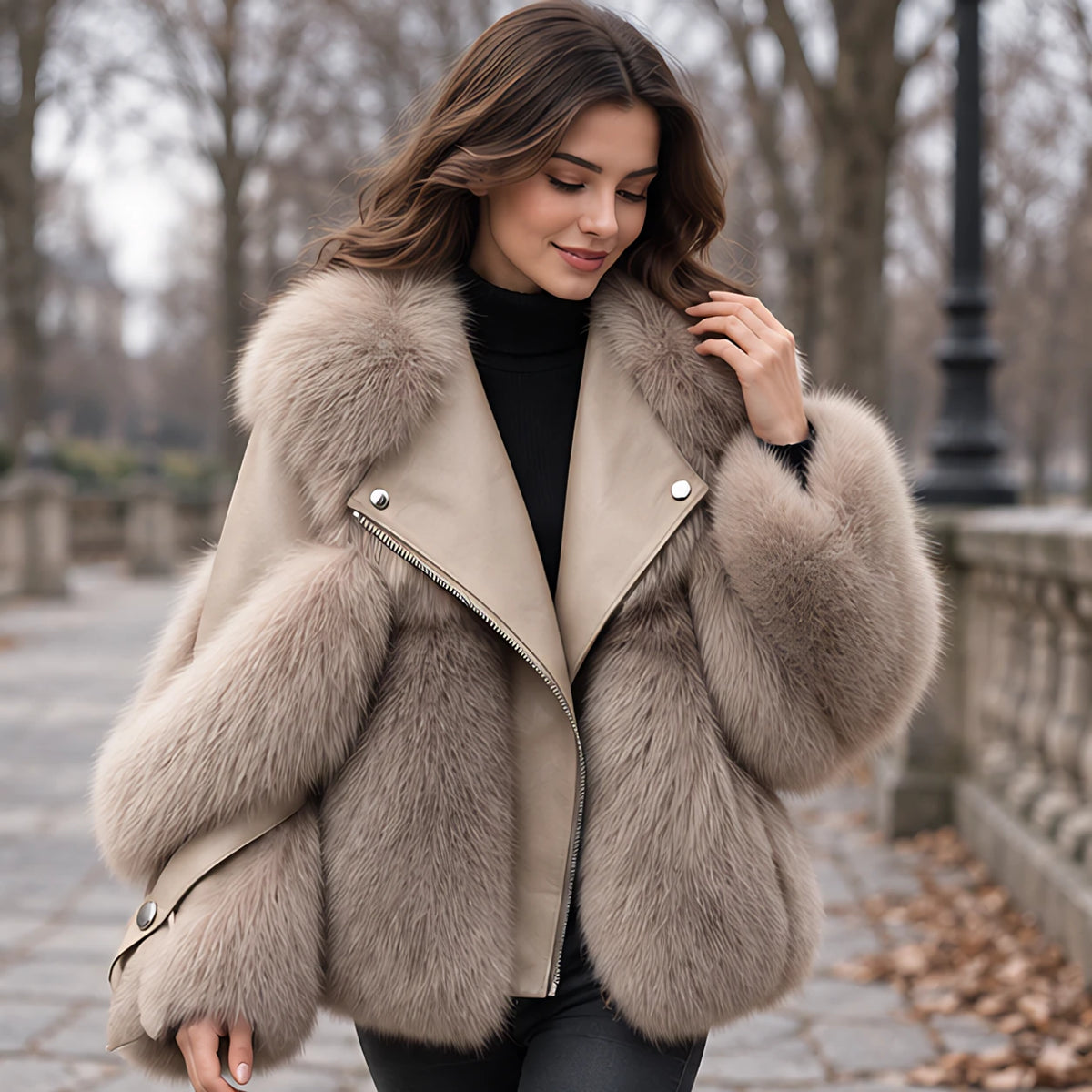 Letitia Women's Oversized Fur Winter Coat - Light Brown - Fur Coats - Hendlys - Image 2