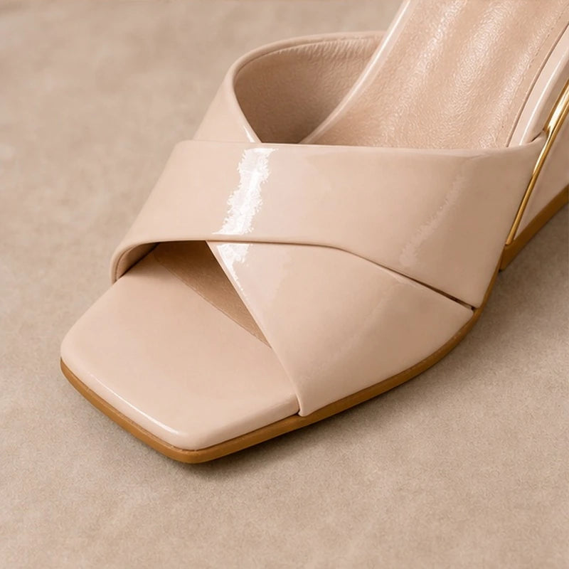 Liviana Open-Toe Wedge Heels - Beige - crisscross strap - Hendlys - Image 5