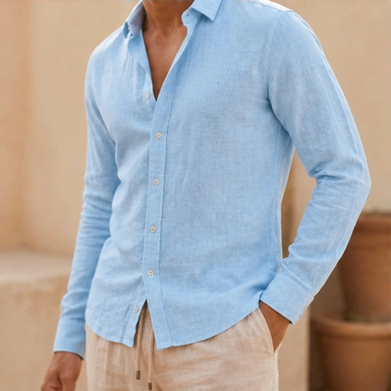 Lorenzo Relaxed Fit Cotton Linen Shirt - Blue - Men's Clothing > Shirts > Long Sleeve Shirts - Hendlys - Image 1