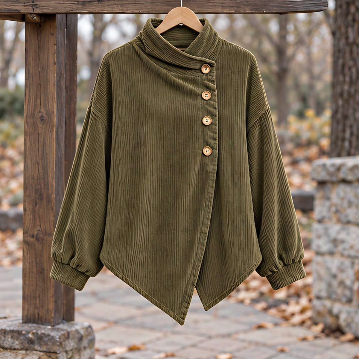 Lorraine Women's Funnel-Collar Corduroy Blouse - Olive - CLO-TOP-BLOUSE - Hendlys - Image 3