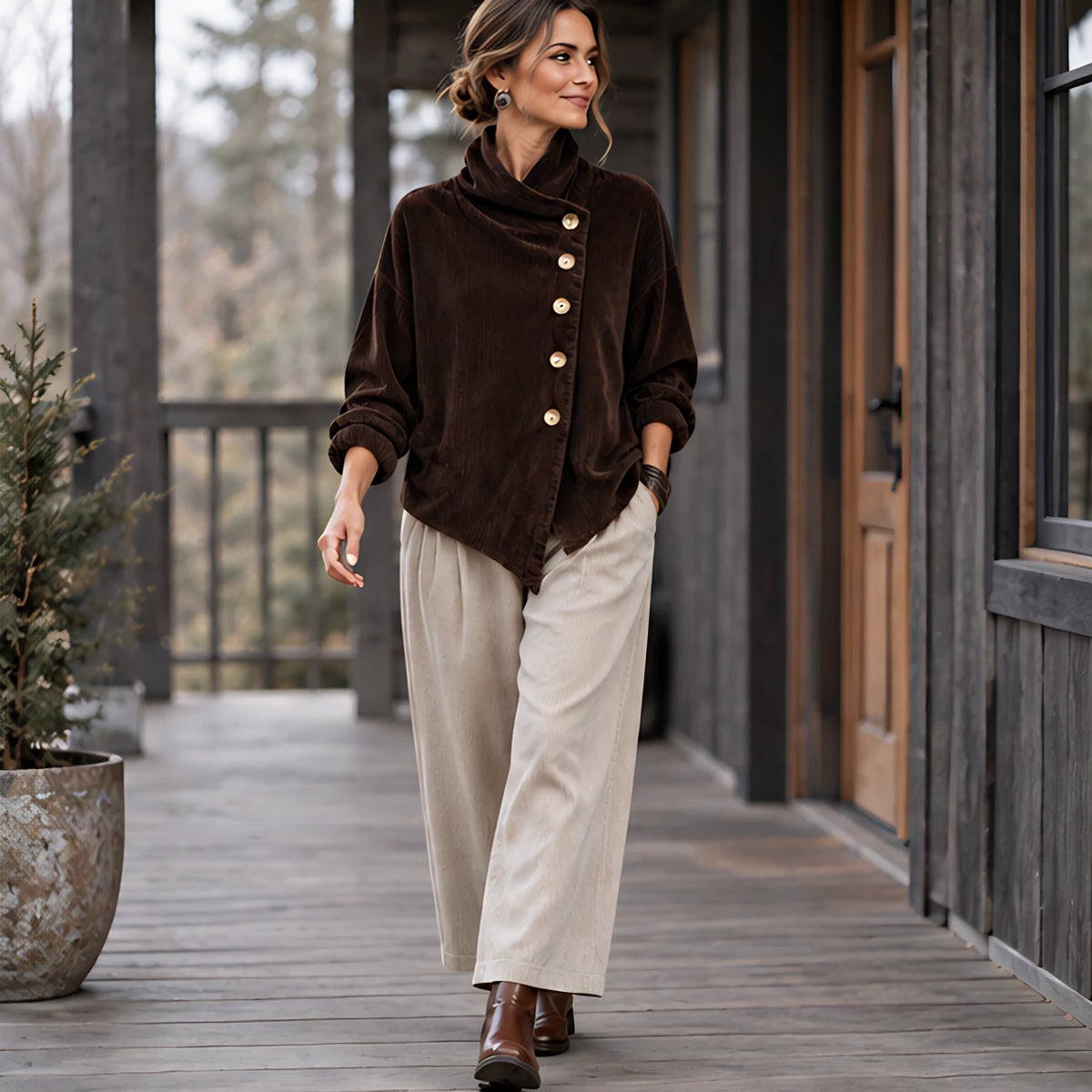 Lorraine Women's Funnel-Collar Corduroy Blouse - Brown - CLO - Hendlys - Image 2