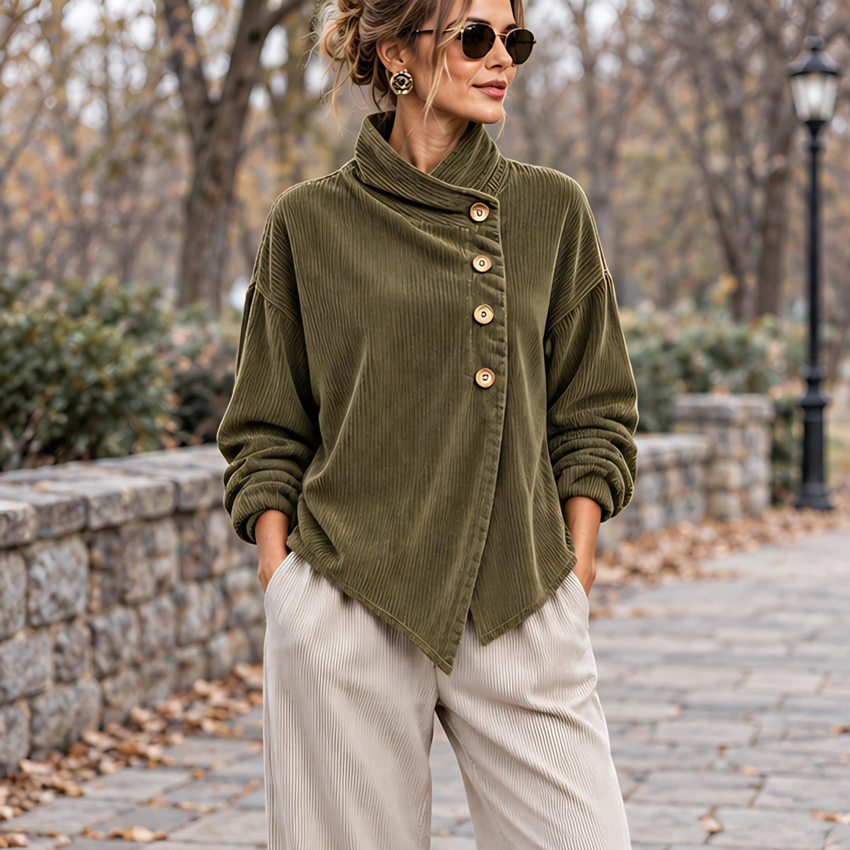 Lorraine Women's Funnel-Collar Corduroy Blouse - Olive - Clothing > Blouse > Casual > Funnel Collar - Hendlys - Image 1