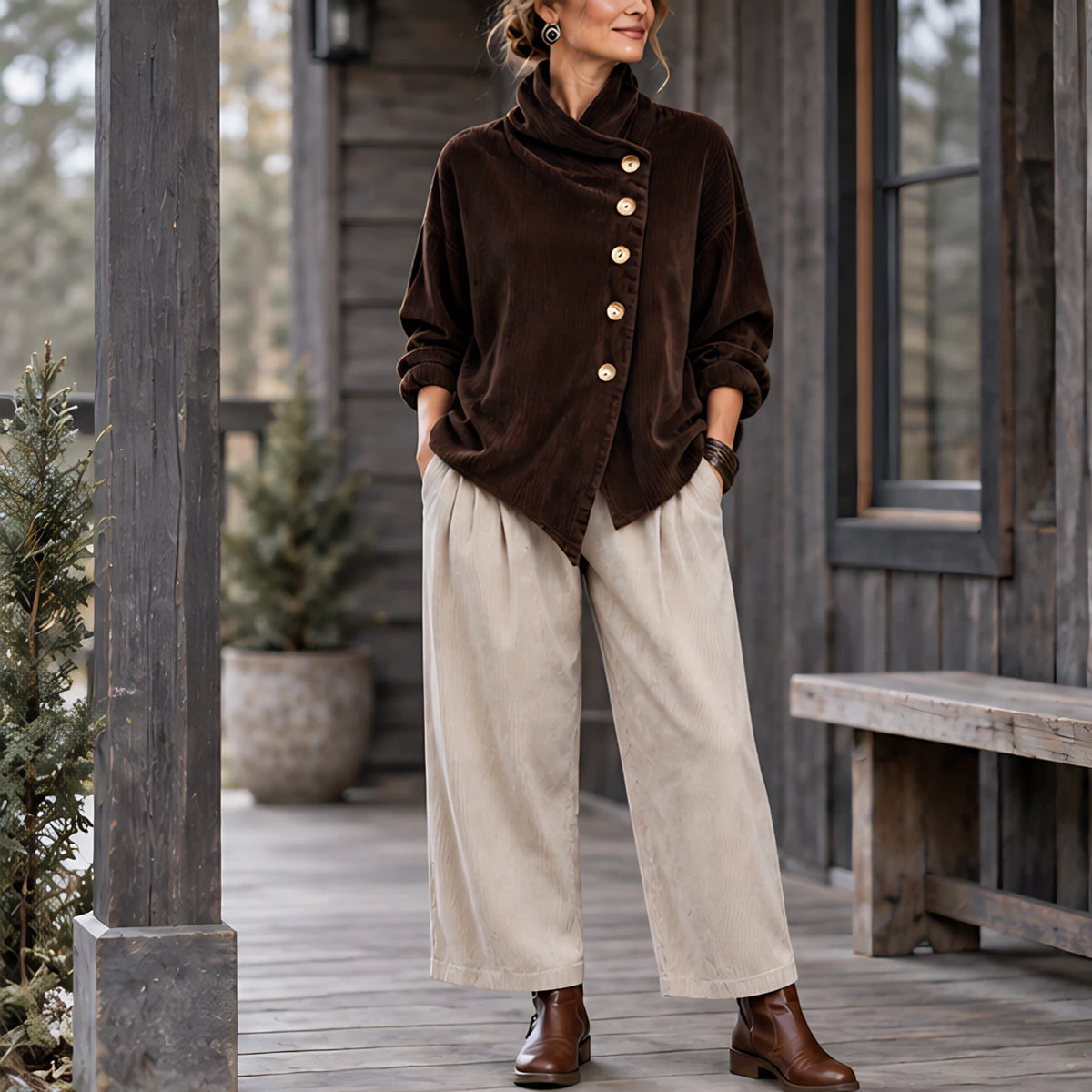 Lorraine Women's Funnel-Collar Corduroy Blouse - Brown - Clothing > Blouse > Casual > Funnel Collar - Hendlys - Image 1