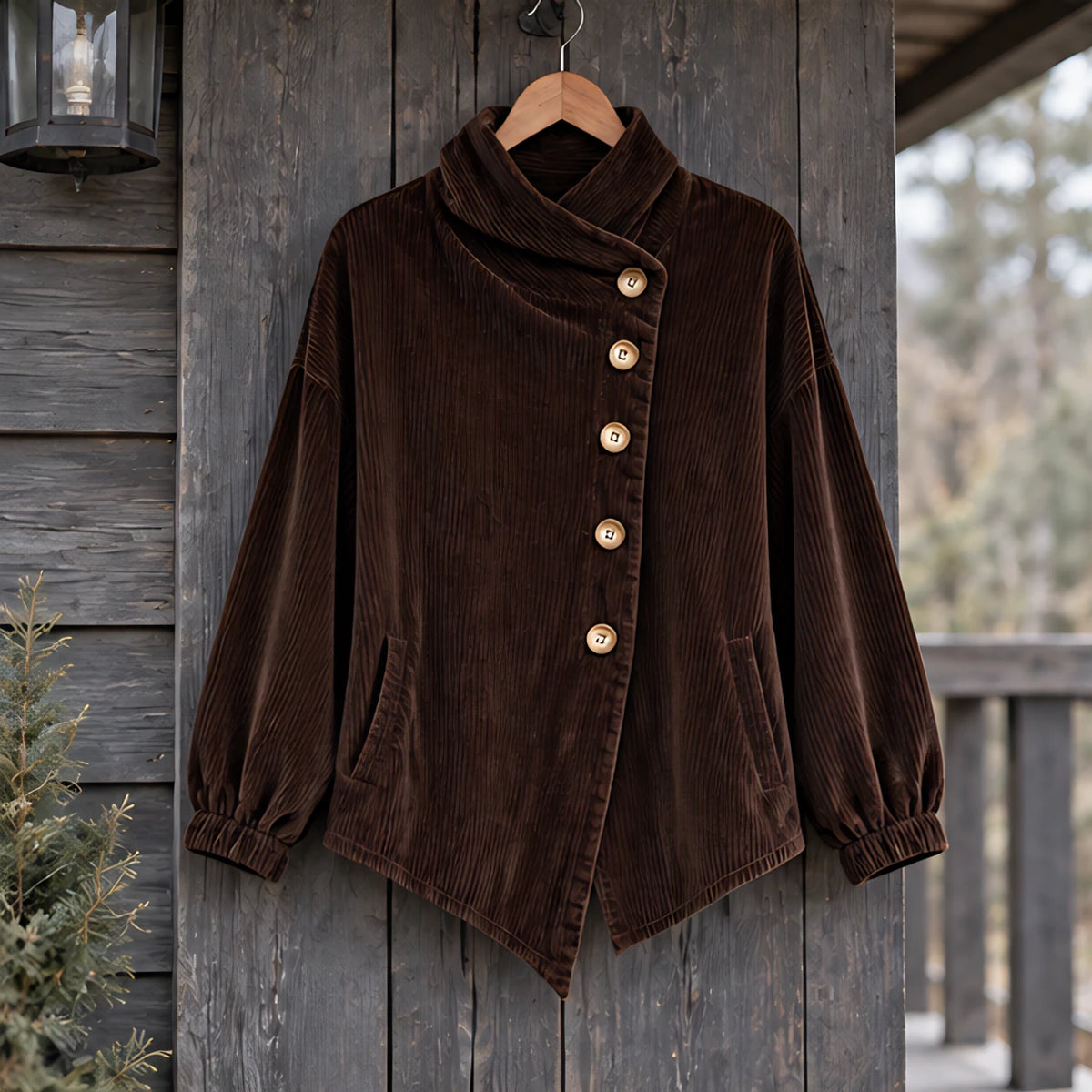 Lorraine Women's Funnel-Collar Corduroy Blouse - Brown - CLO-TOP-BLOUSE - Hendlys - Image 3